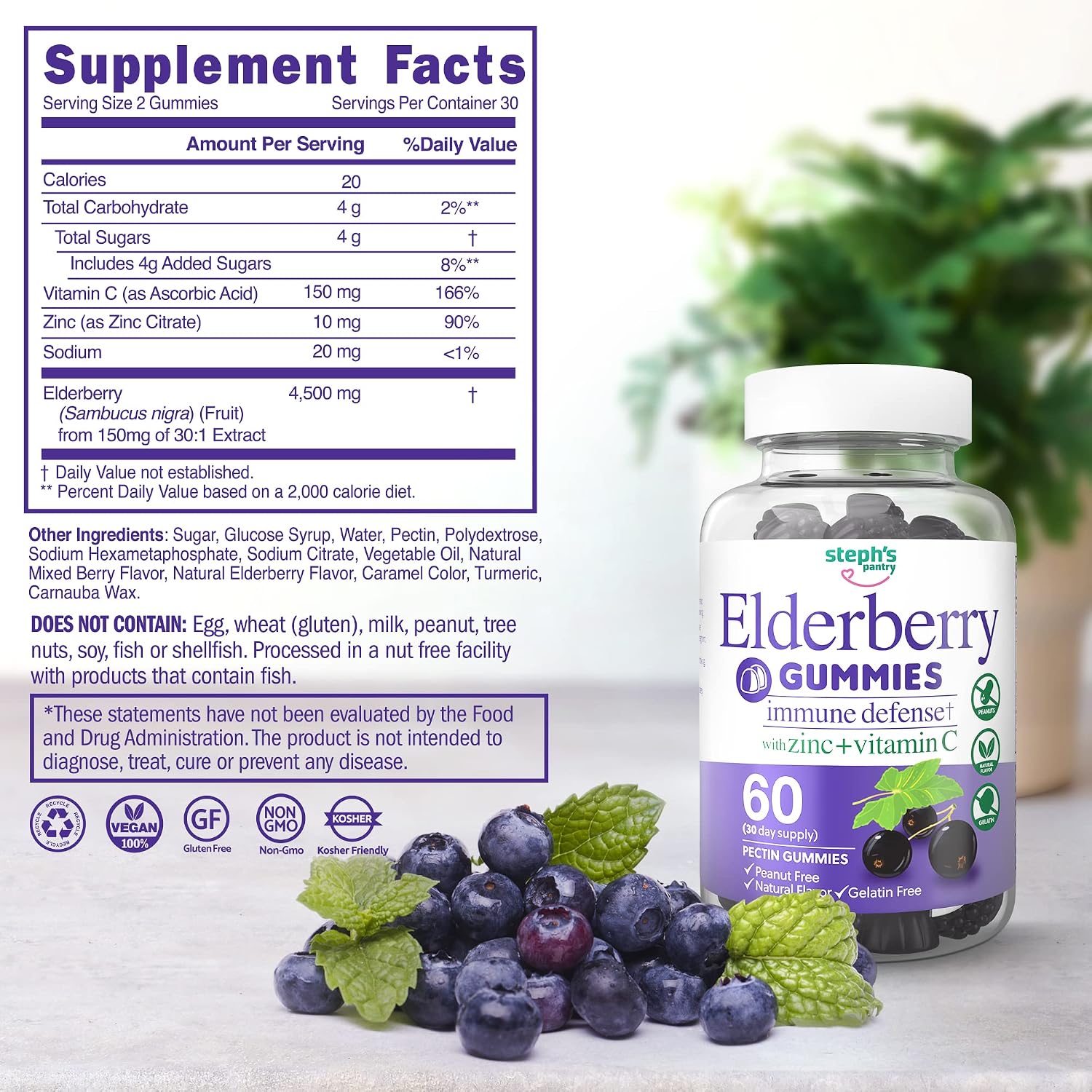Elderberry Gummies With Zinc And Vitamin C For Adults Teens Kids Immune Support Gummies (High Potency) Immunity Pectin Gomitas De Sauco Para Niños Adultas Adultos Para El Sistema (2 Pack )