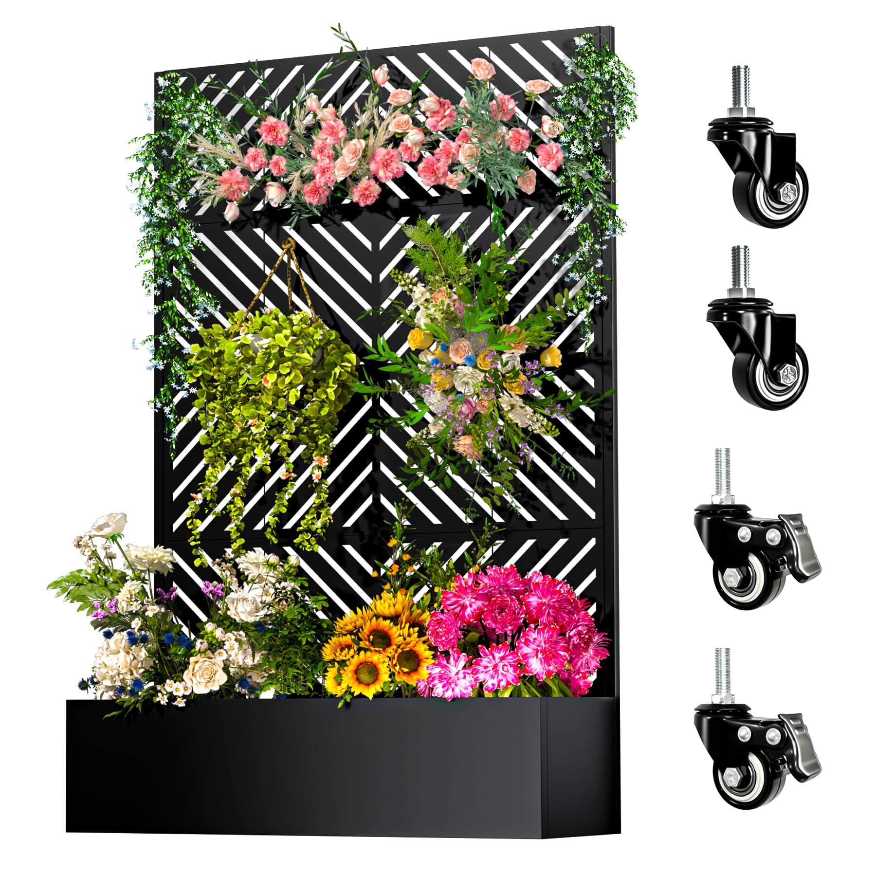 Galvanized steel planter box with tall trellis and privacy screen
