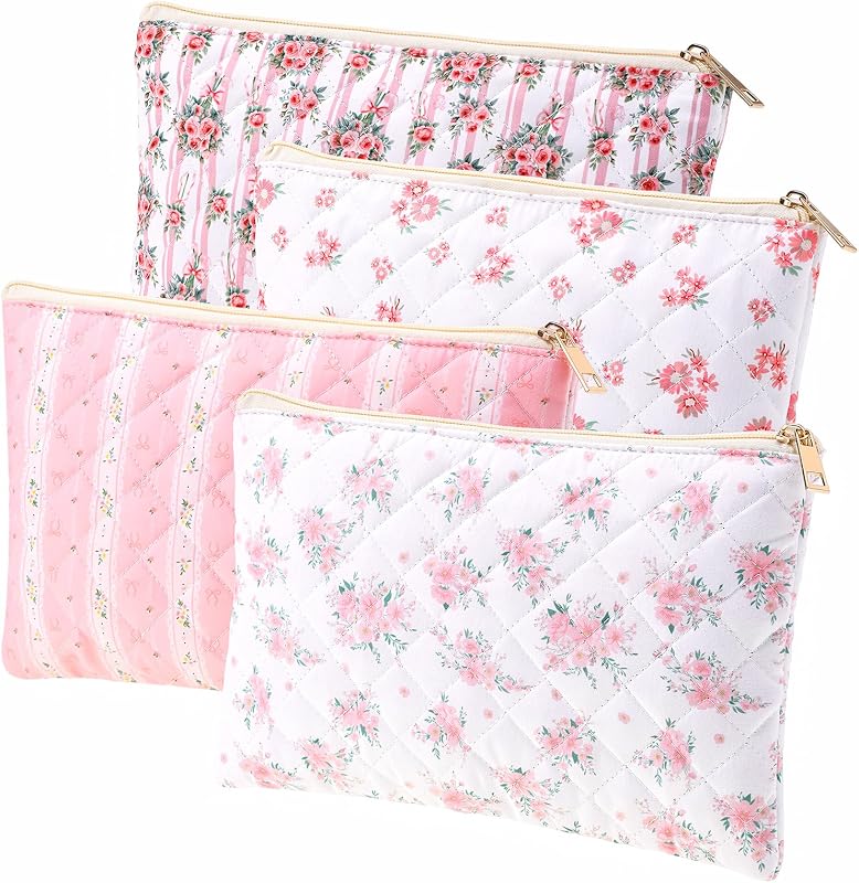Necessaire de maquiagem Pimoys em algodão com zíper, estampa floral rosa, 26,92 x 0,64 x 16,76 cm