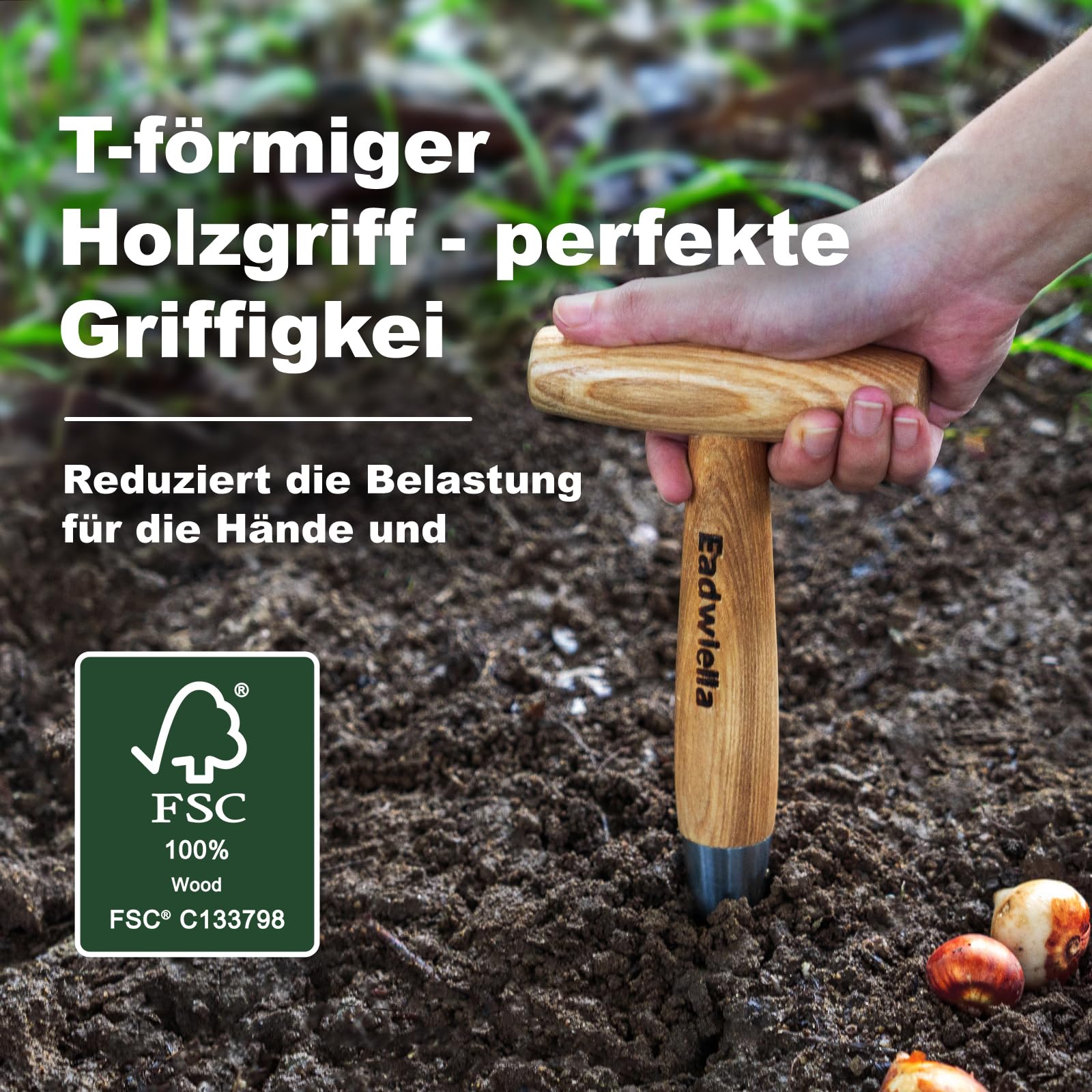 Fioriera di bulbi, bastoncino per piantare in acciaio inox con manico in legno, piantagione di cipolle, attrezzi da giardino (lunghezza totale: 27 cm)