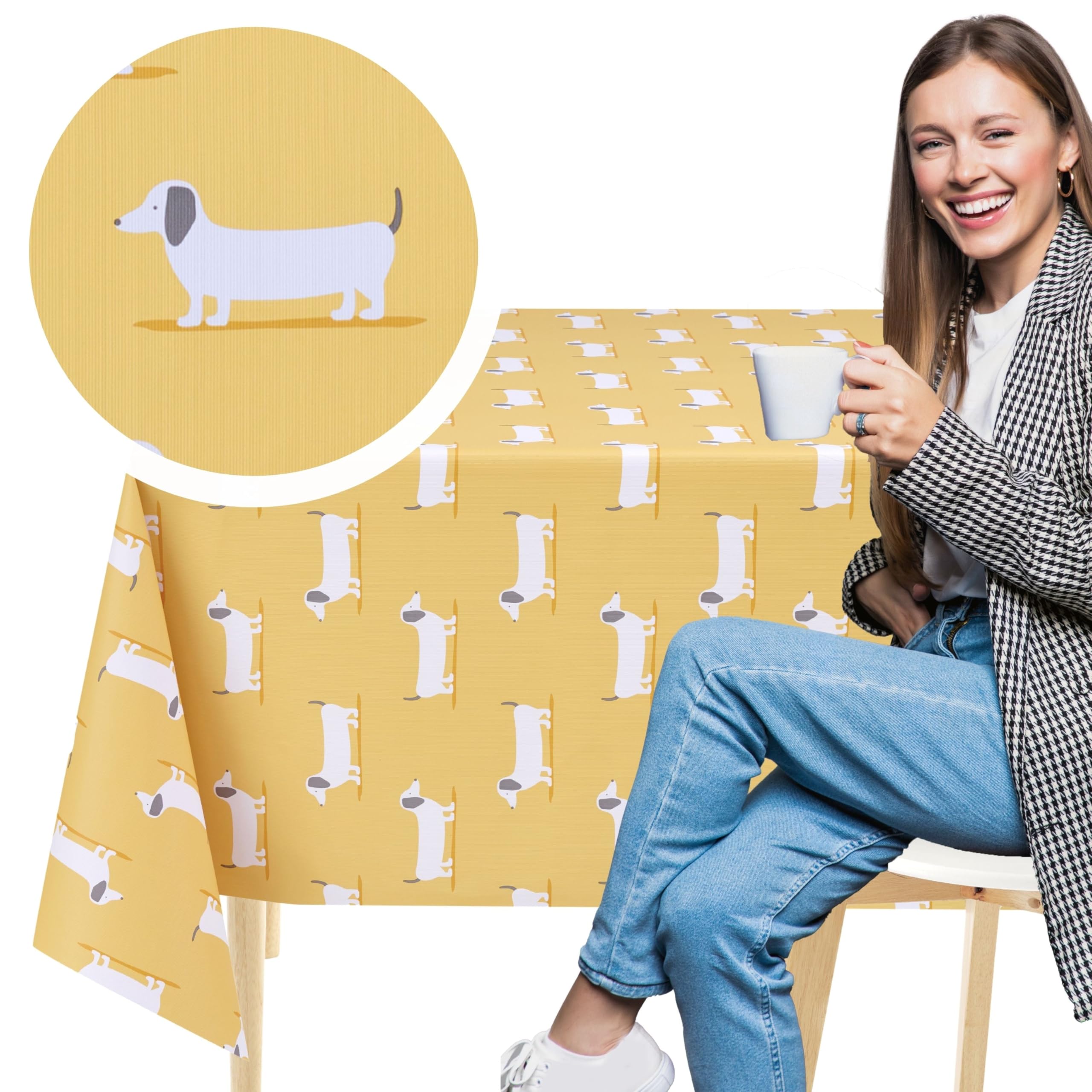 KP HOME Yellow PVC Table Cloth Wipe Clean Tablecloth with Cute Sausage Dogs - Rectangular 78.7"x 55.1" 200x140 cm Plastic Table Cover with Dachshunds Oilcloth Wipeable and Waterproof Vinyl Protector