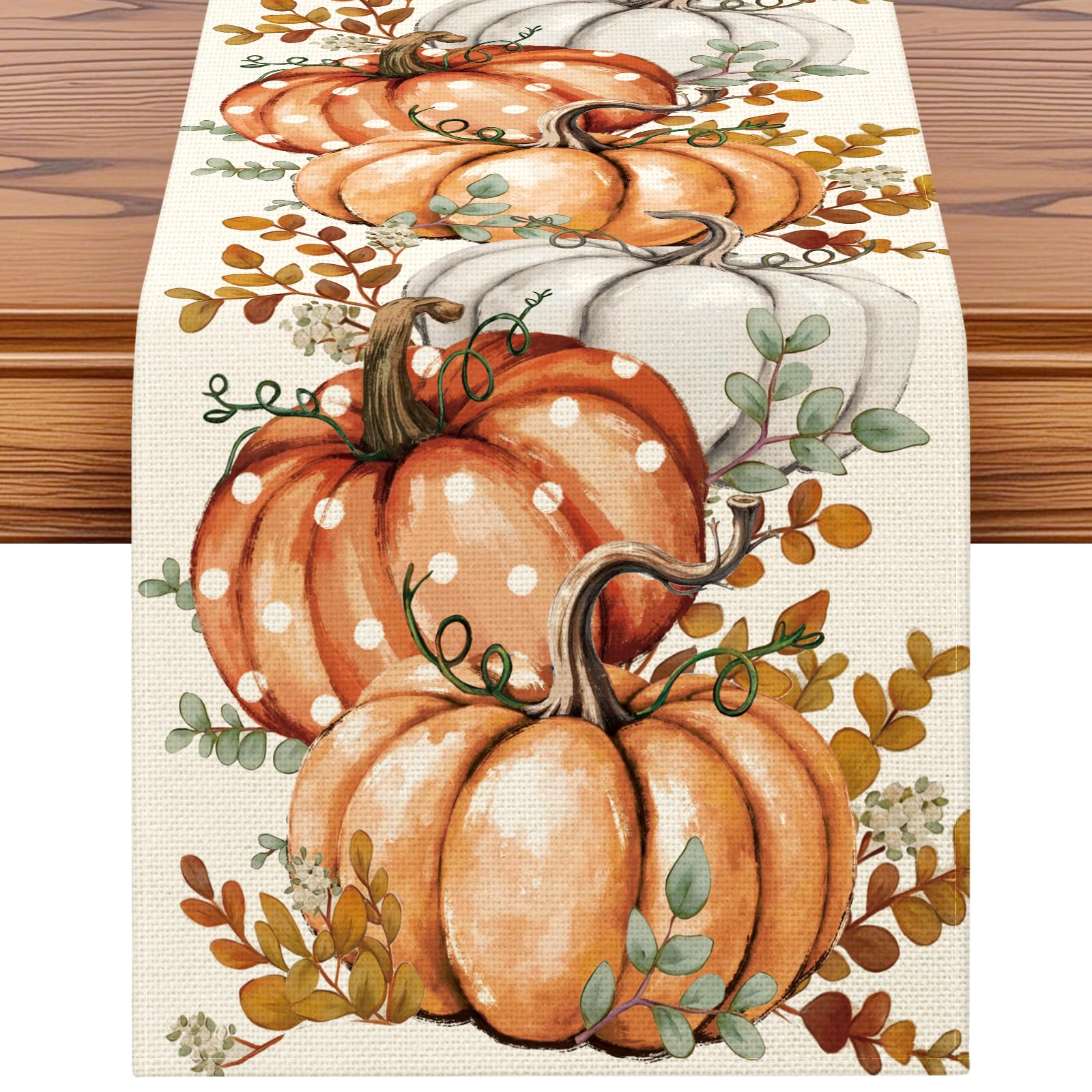 Artscope Polkadot Pumpkin Table Runner Autumn Thanksgiving Holiday with Leaves Pattern Seasonal Kitchen Dining Table Runner Decoration for Home Fall Party Decor 40x240 cm