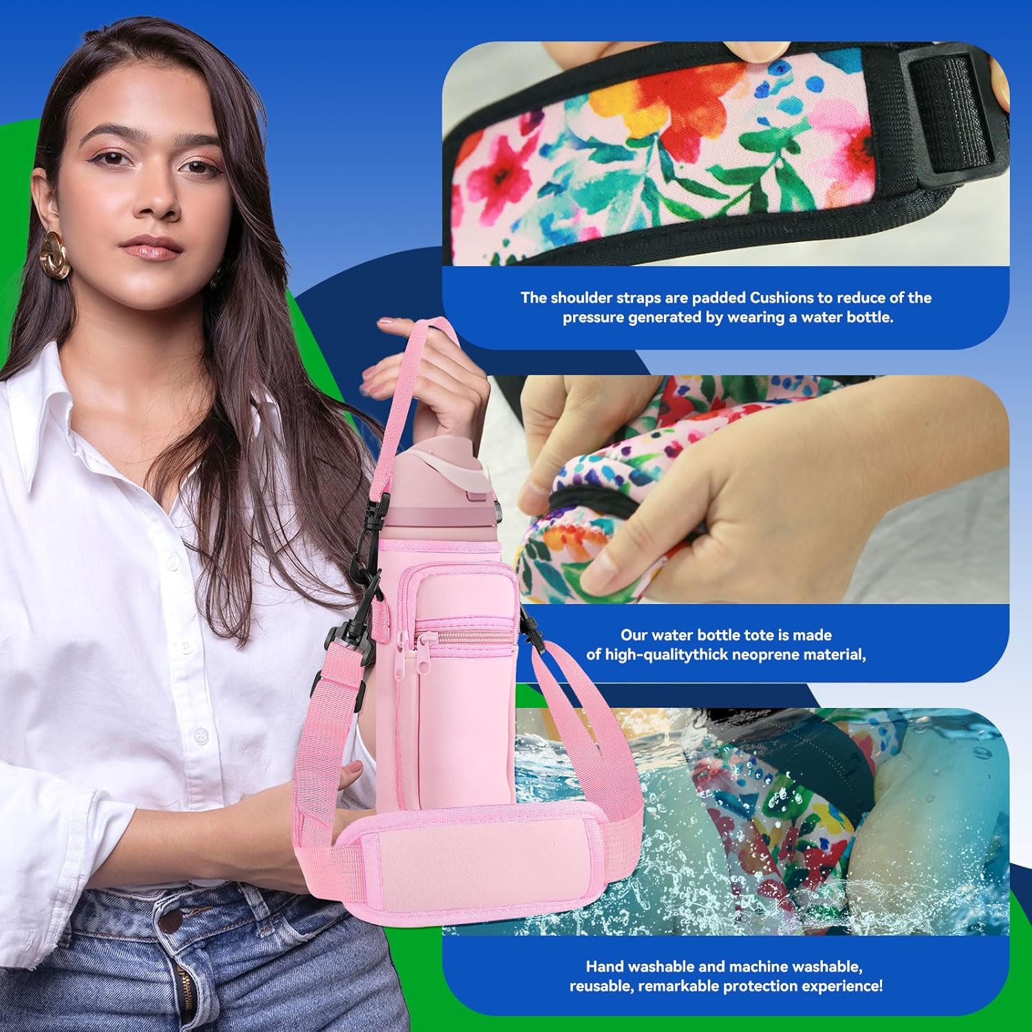 Neoprene Water Bottle Holder Bag with Cell Phone Pocket Compatible with Owala FreeSip 24 oz，Water Bottle Carrying Bag ，with Adjustable Shoulder Strap,for 24oz Stainless Steel Water Bottle - Image 4