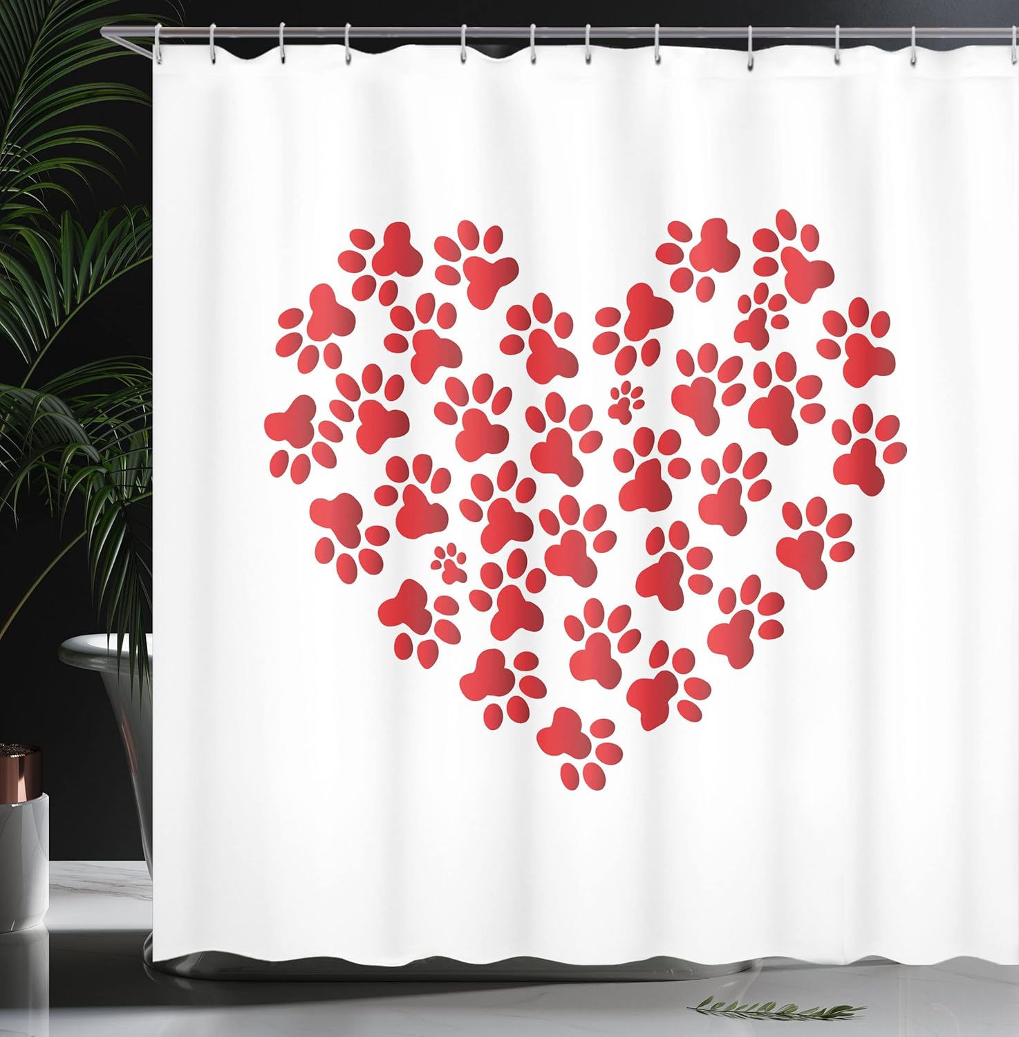 Ambesonne Cat Shower Curtain, Heart Shape with Cat and Dog Paw Print Funny Fashion Modern Romantic Design Print, Cloth Fabric Bathroom Decor Set with Hooks, 69" W x 70" L, Scarlet White