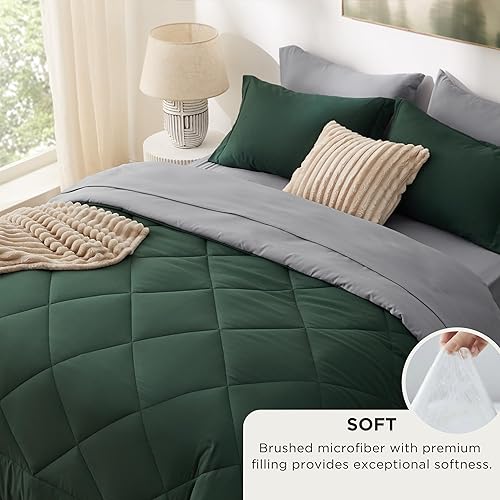 Miniatura 3 de Bedsure Forest Green King Size Comforter Set - 7 Pieces Reversible King Bed in a Bag, King Bed Set Forest Green and Grey with Comforters, Sheets,