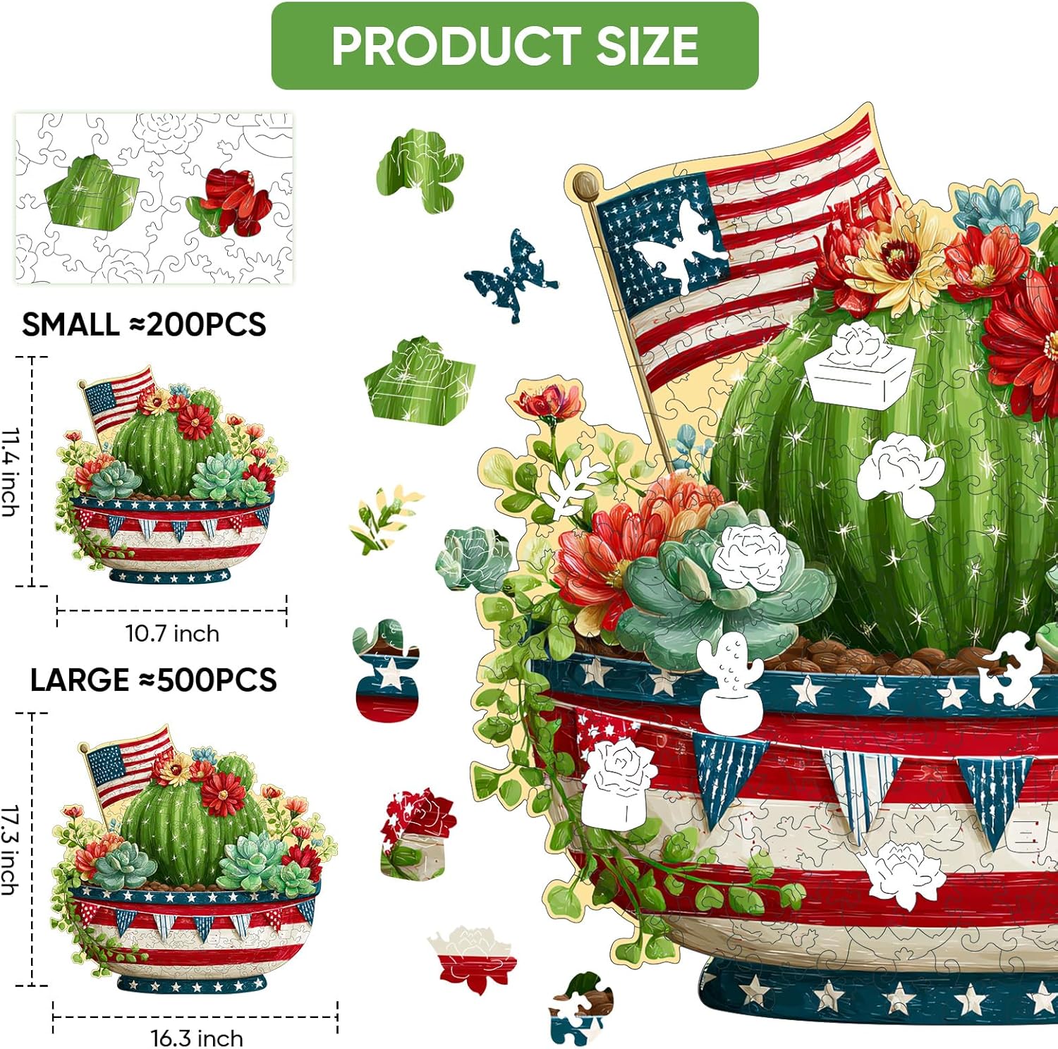 MEATRN Globular Succulent Cactus Wooden Puzzles - Premium Wood Puzzles for Adults, Botanical Art Display Puzzle, Pieces Fit Together Perfectly, Home Decoration, 497 Pcs, 17.3X 16.3in