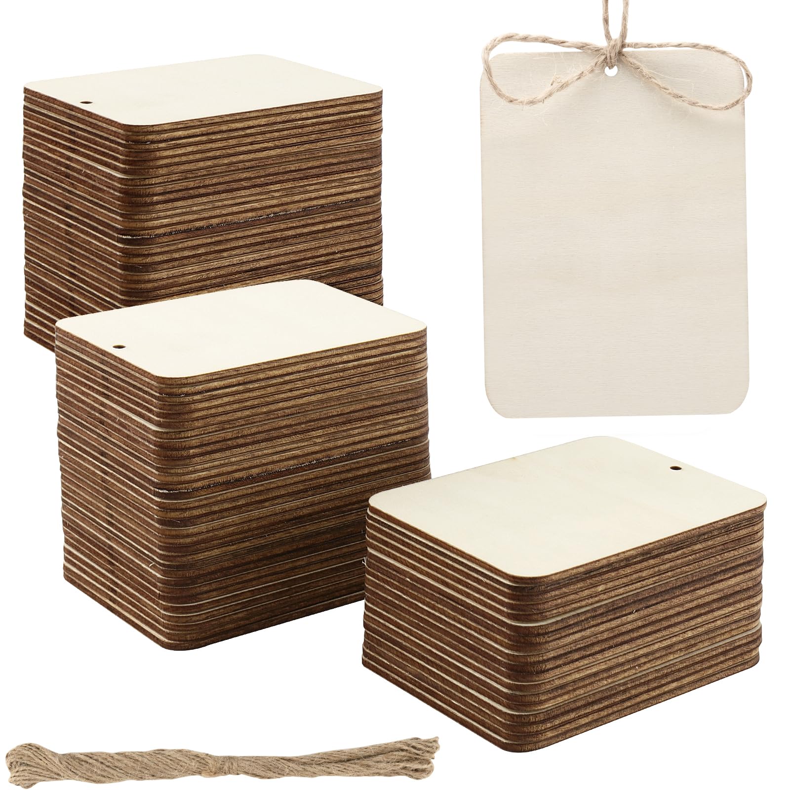 LEXININ 100Pcs Wooden Blank Tags with Hole, Rectangle Wood Craft HangingTags for Bookmarks DIY Craft 90 x 65 x 2mm