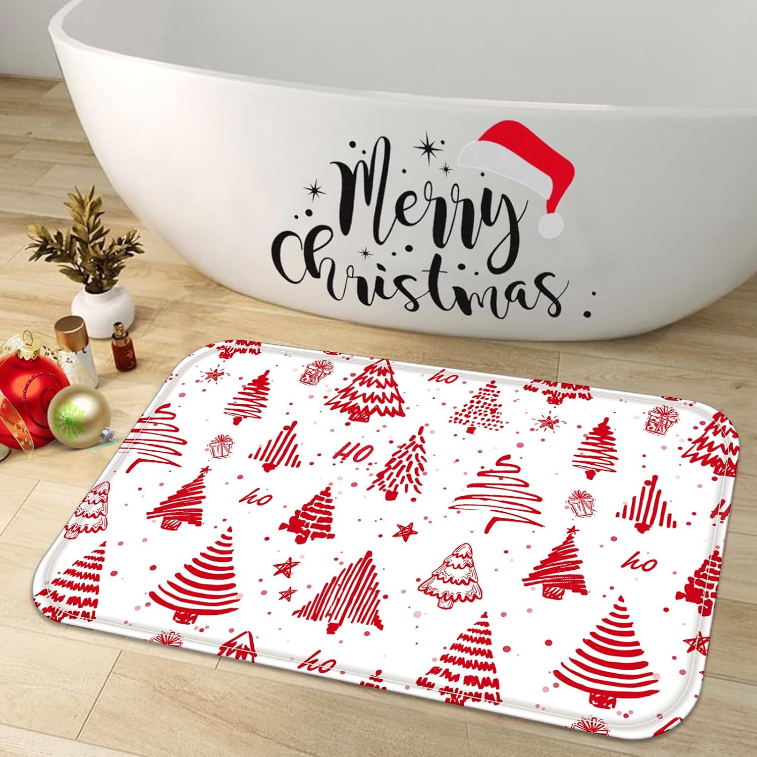 Christmas Bathroom Rugs Mat White Red Xmas Tree Bath Rug 24 x 16 Inch Water Absorbent Non Slip Washable Shower Mat Memory Foam Bath Mats for Bathroom Decor Red White 24” x 16”