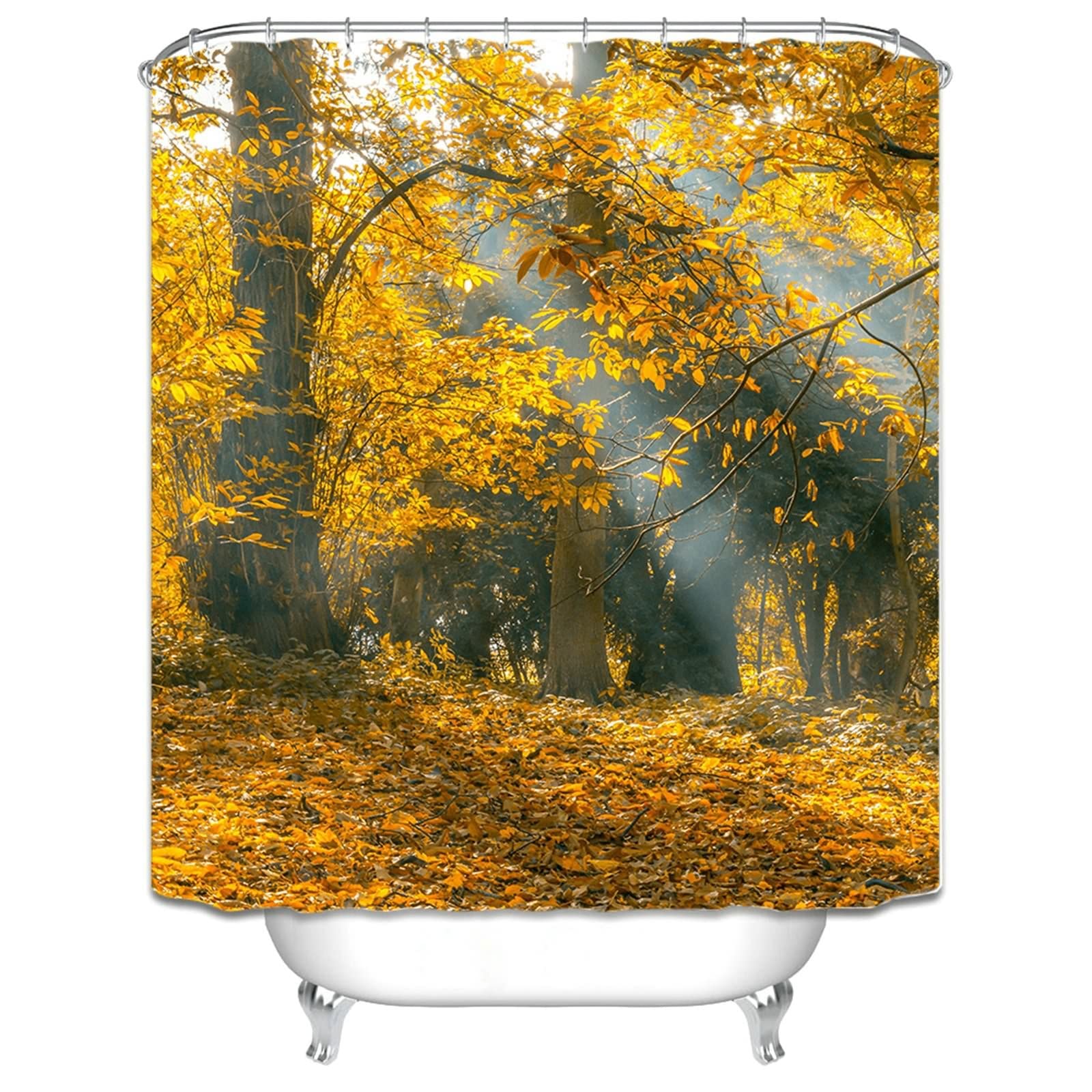 Tenda da Bagno Tessuto, Poliestere Giallo Alberi d'autunno Tenda da bagno con ganci in metallo e plastica, 165x200cm