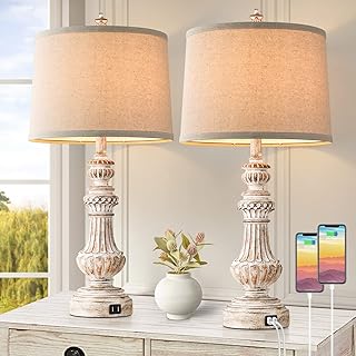 Tall Vintage Table Lamps Set of 2, 28” with Dual USB Ports, Resin Bedside Lamps with Rotary Switch, Nightstand Lamps with E26 Base, Desk Lamp with Fabric Shade for Living Room Bedroom