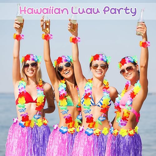 Miniatura 5 de 12 juegos de falda elástica de hierba de bailarina hula hawaiana Luau hierba faldas de flores conjunto de disfraz para niños fiesta Luau