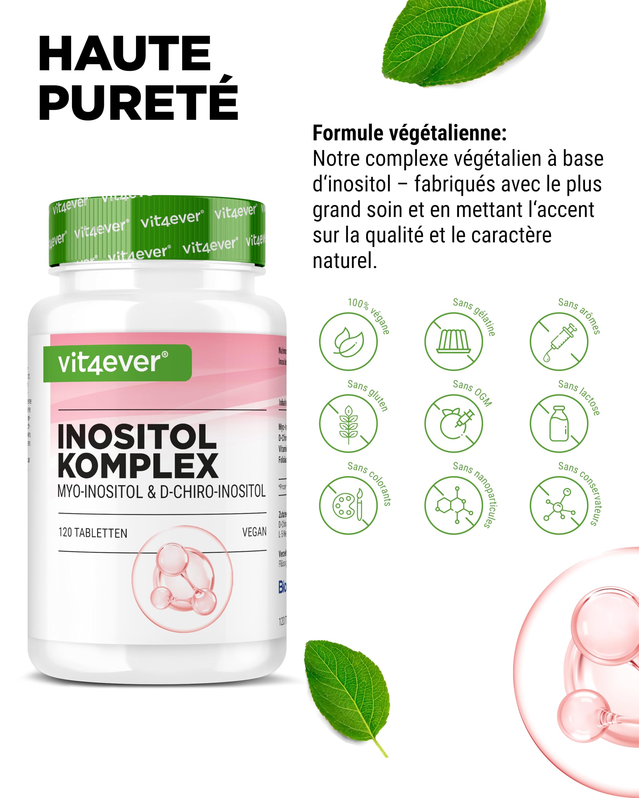 COMPLEXE INOSITOL - 2000mg de Myo & D-Chiro-Inositol - Vitamine B6 & Folate - pour les femmes ayant un désir d’enfant - contribue à une fertilité & hormone normales - 120 comprimés