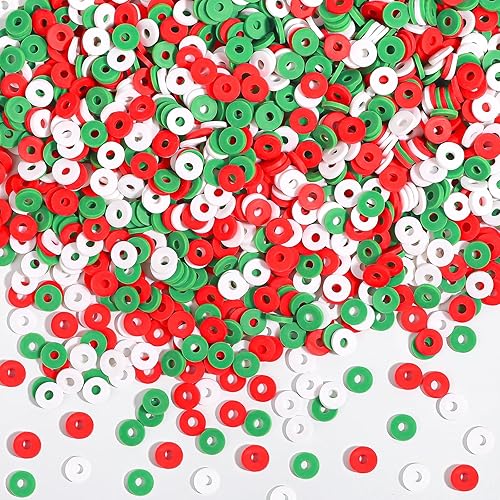 Miniatura 1 de Kit de fabricación de pulseras de arcilla navideña para principiantes con 4500 piezas de cuentas Heishi planas de polímero blanco, rojo y verde,