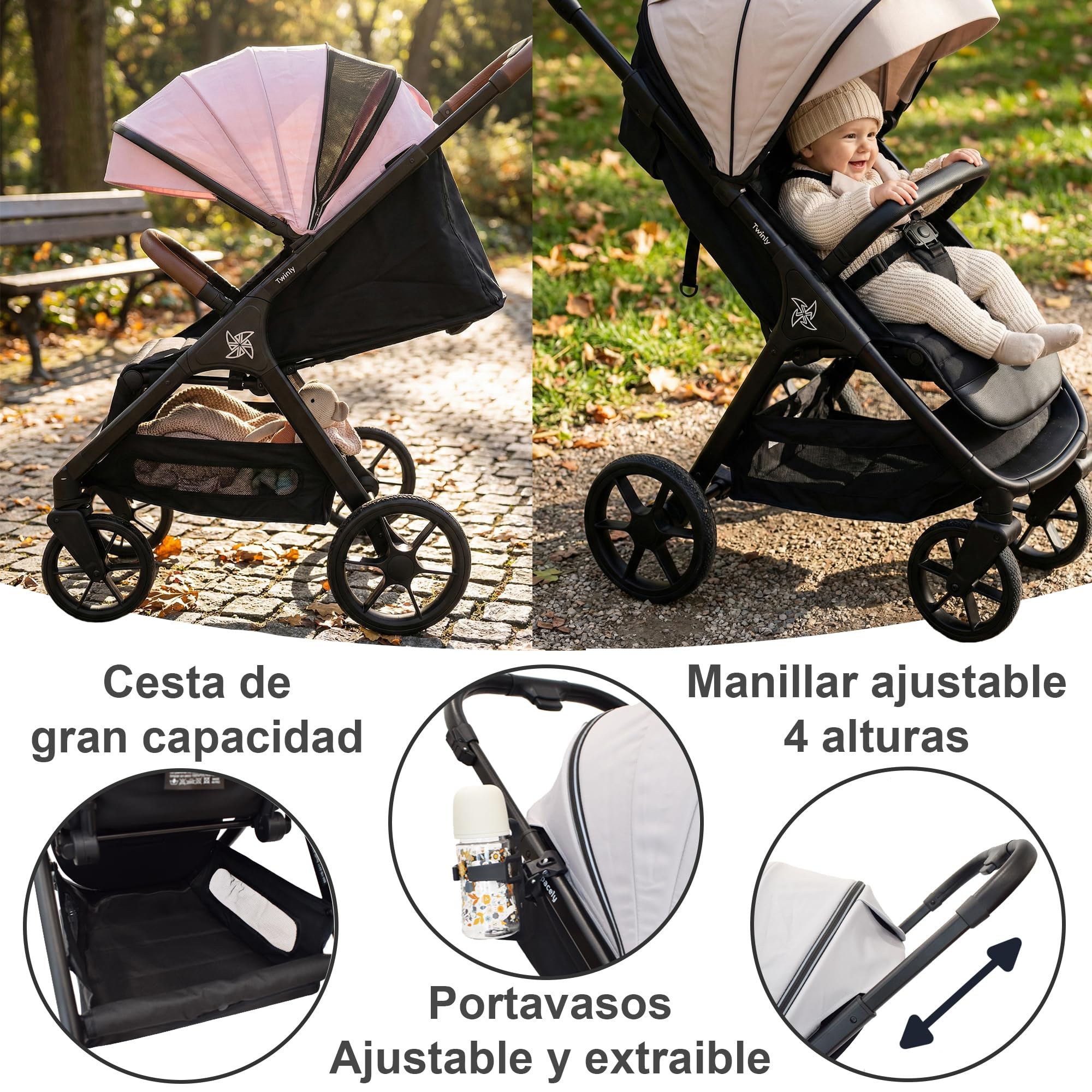 Twinly - Spacely - Silla de Paseo Ligera hasta 22kg | Carro Bebé Robusto con Ruedas Grandes Todoterreno, Respaldo Alto y Capota XXL | Cochecito con Plástico de Lluvia y Posavasos (Rosa)