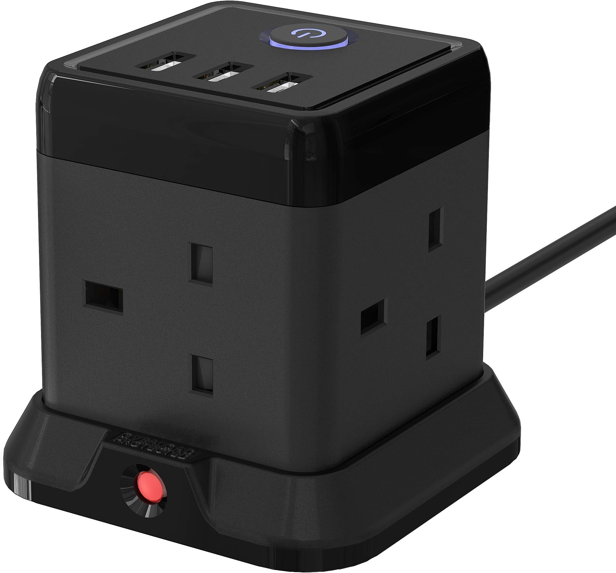 HulkerCube Extension Lead with 3 USB Slots 13A 3250W 4 Gang Plug Socket with Switch 4 Way Power Strip with 3 USB Port 1.5M Extension Cord Black for Home Dorm Office Travel