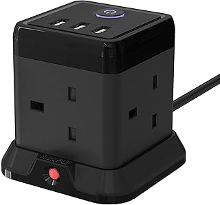 Cube Extension Lead with 3 USB Slots 13A 3250W Hulker 4 Gang Plug Socket with Switch 4 Way Power Strip with 3 USB Port 1.5M Extension Cord Black for Home Dorm Office Travel