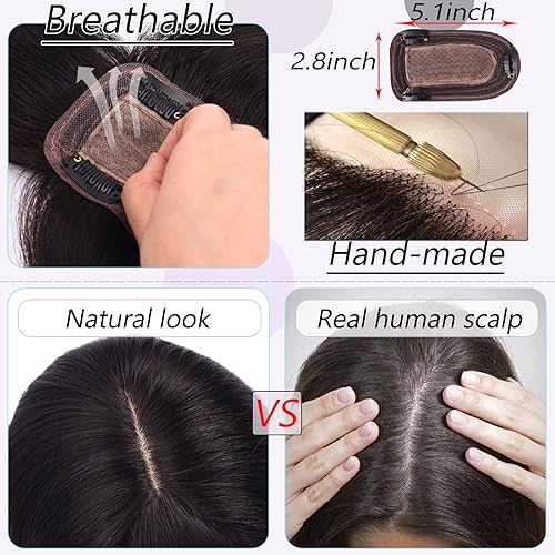 Miniatura 5 de Toppers para el cabello para mujeres con cabello delgado, base de seda real con flequillo, toppers para mujer, con clip en el cabello con flequillo
