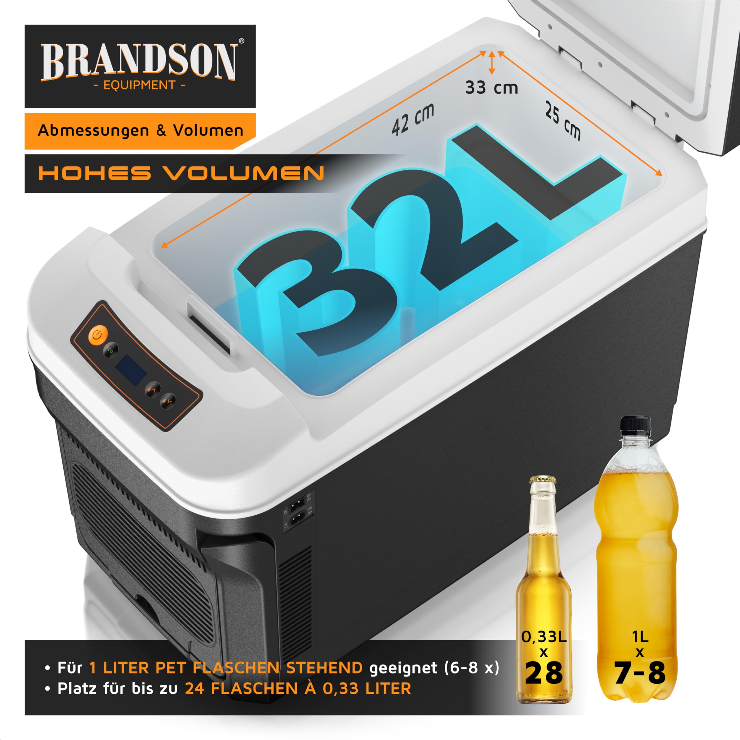 Brandson - Kühlbox 32 Liter elektrisch – Thermobox – 12v 230v – kühlt und wärmt – mit Kfz-Anschluss – extra leiser ECO Modus – für kalte und warme Speisen – für zu Auto Boot Camping Garten u.v.m.