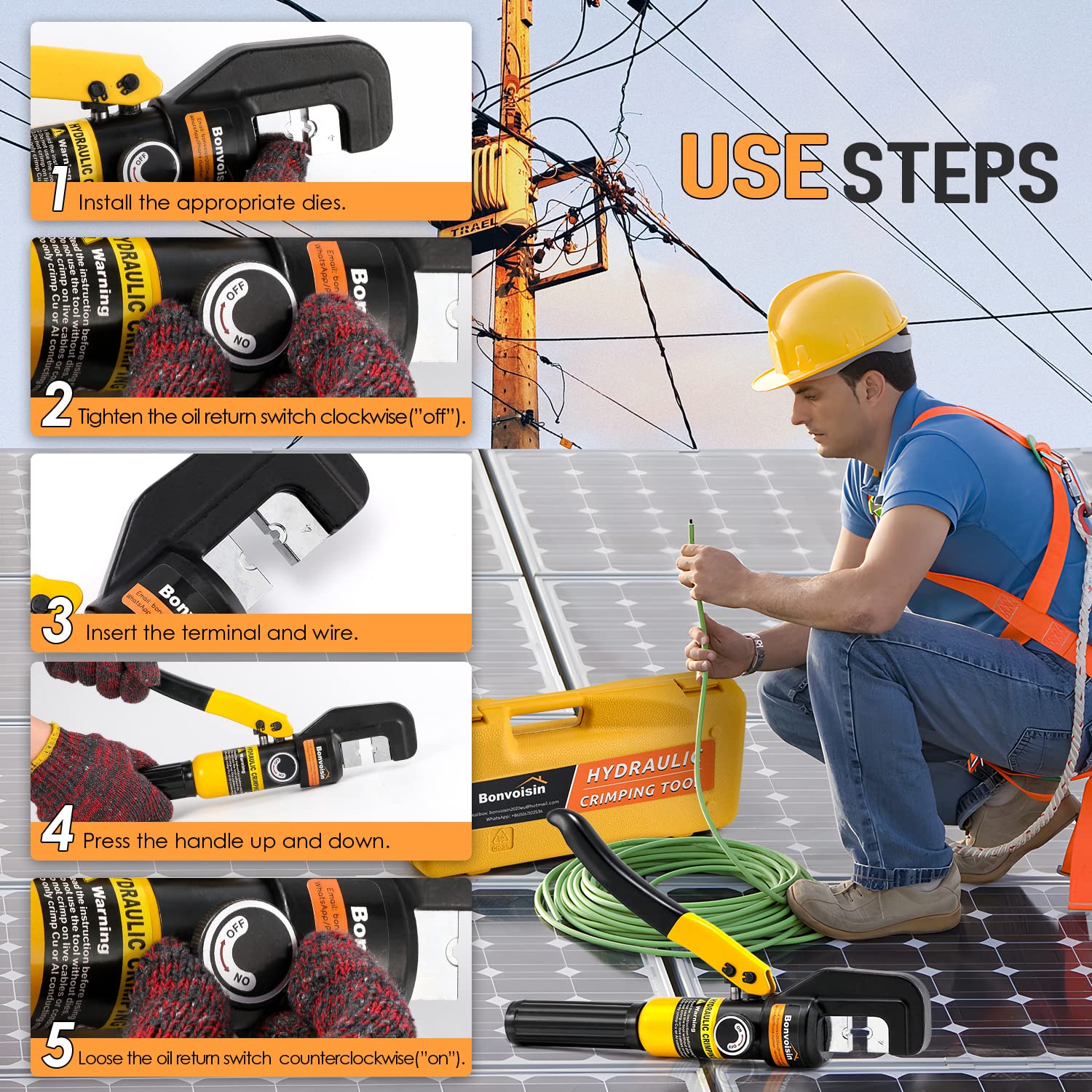 Bonvoisin Pinza Crimpatrice Idraulica, 8 Tons 9 Dies da 4-70 m㎡ in Acciaio, per Rame e Alluminio Terminali Elettrici, con Italiano Manuale (BSK-70: 8T, 4-70 mm²)