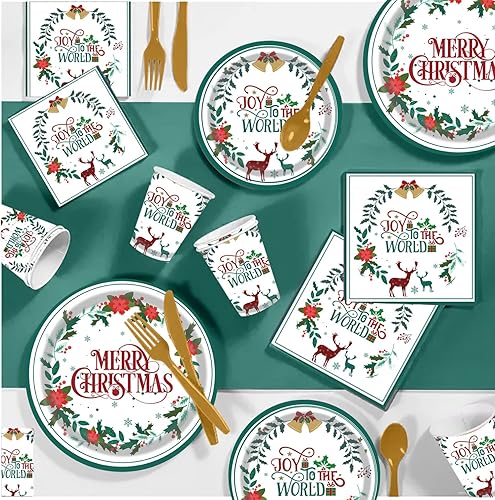 Miniatura 4 de Plato de papel de Feliz Navidad – 177 platos desechables de flores de Pascua de Navidad, platos de postre y servilletas para Navidad, suministros de