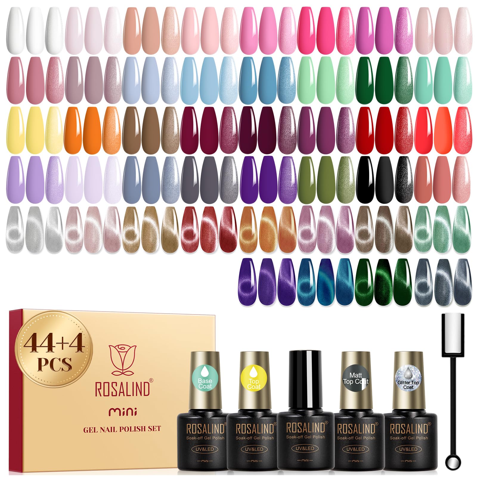 ROSALIND UV Nagellack Set, 48 Stück Rosa Grün Rot Violett Blau Gel Nagellack mit Silber Rosa Braun Rot Lila Cat Eye Katzenauge Gel, Soak Off UV LED Mini Nail Polish Set Maniküre Geschenkset