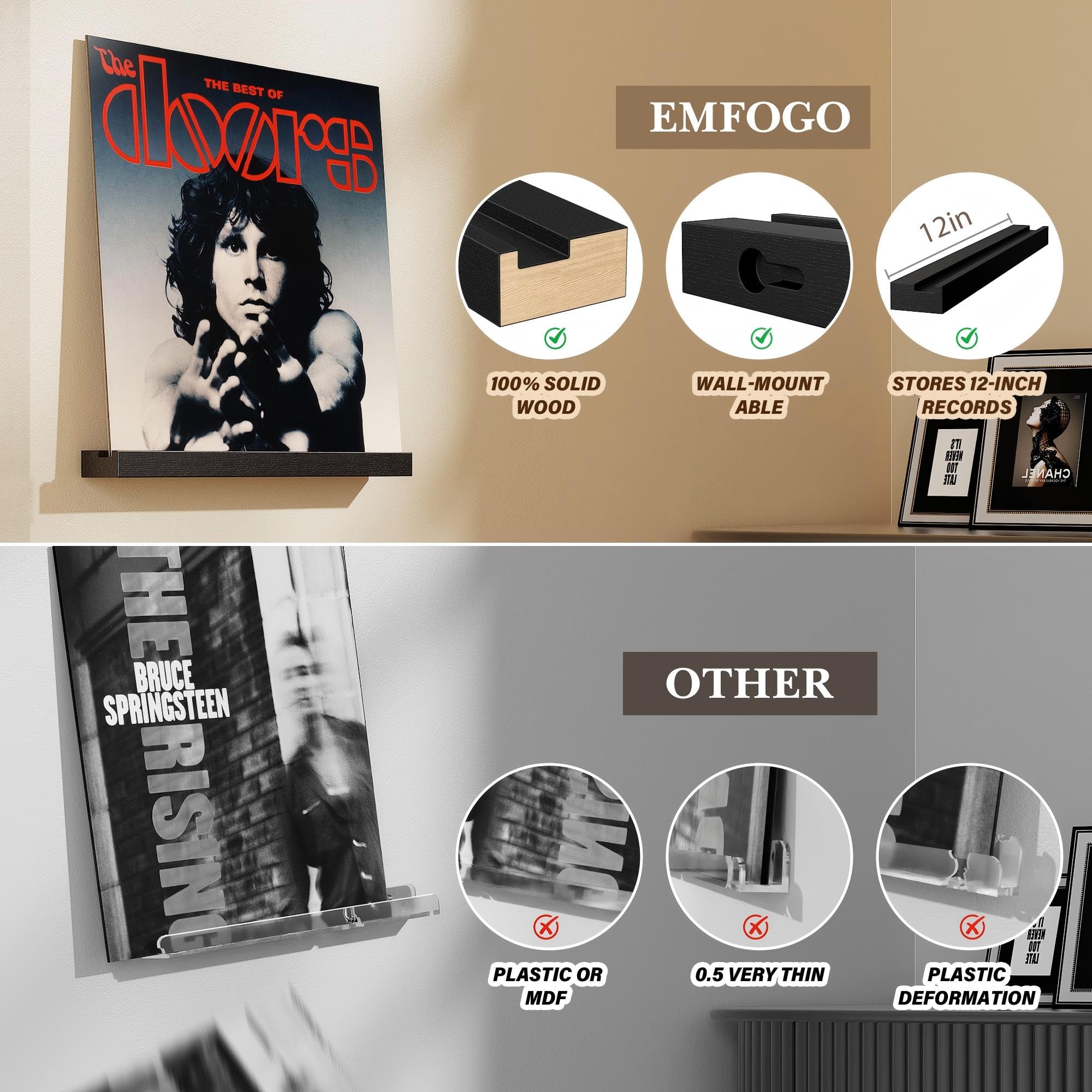 12 Pièces Porte-disques Mural en Bois, Rétro Supports Muraux pour 12 Vinyles, Porte-disques Mural pour Salon de Décoration, Affichage et Stockage, Collections (Noir)