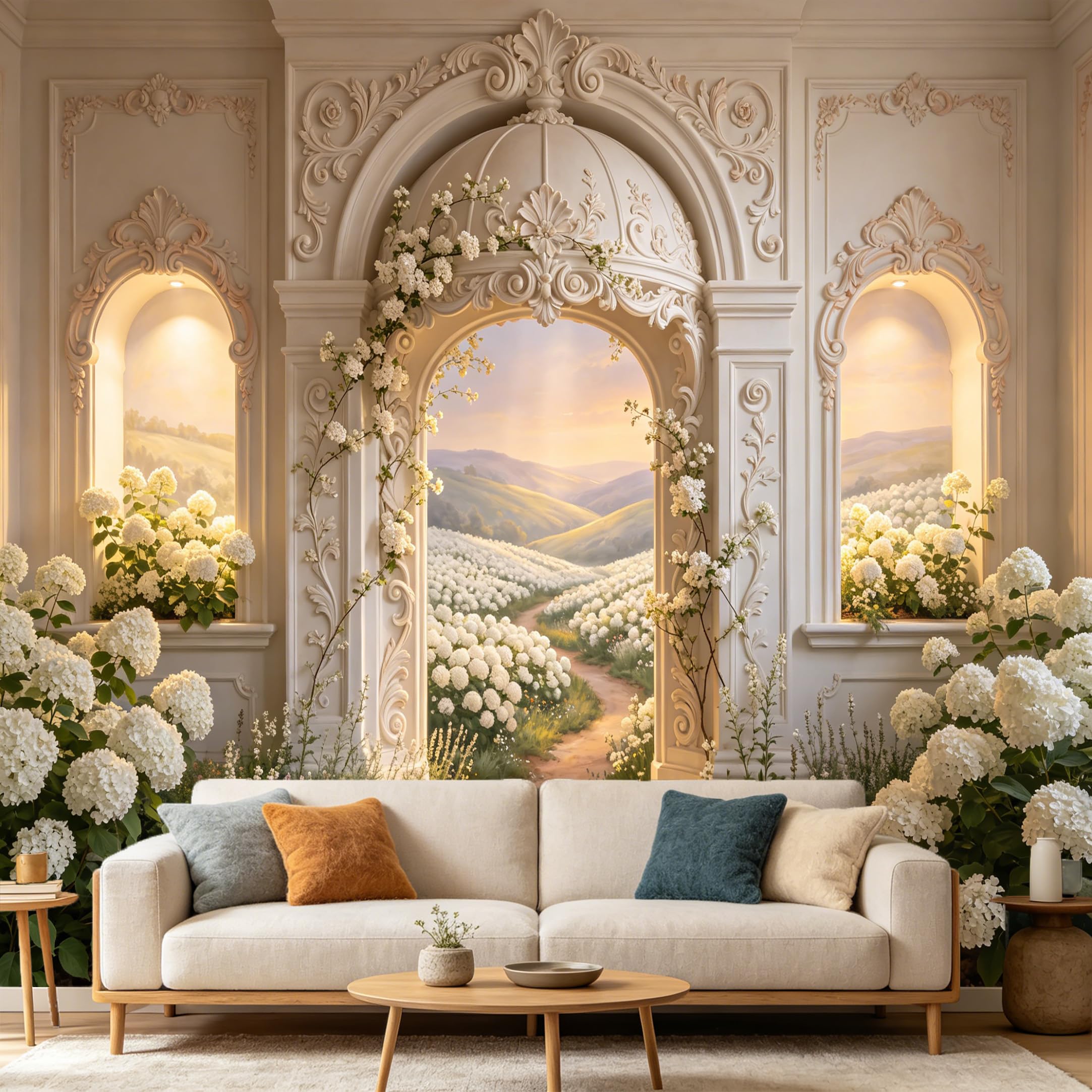 Custom Size Wall Mural， Neoclassical White Hydrangea Flower Archway Path Landscape， SelfAdhesive Art Prints wall Fabric Removable Large Wallpaper Home Living Room Decor