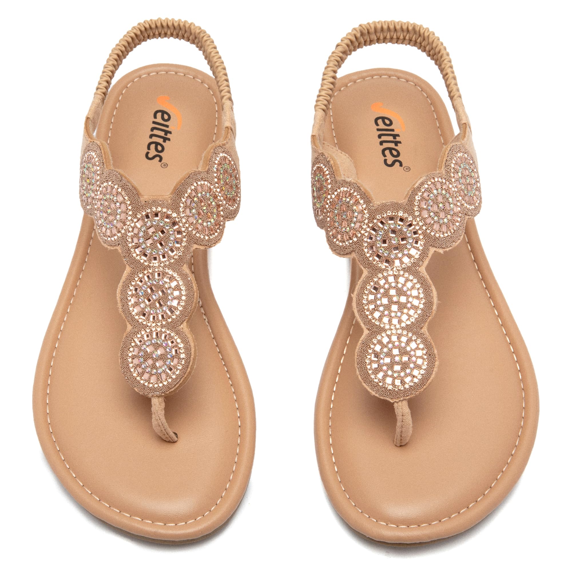 Veittes Damen Bohemian Flache Sandalen - Lässige Sommersandalen mit Strassdekoration, Gummisohle,Glitzer,leicht und bequeme Knöchelriemen-Sommersandalen