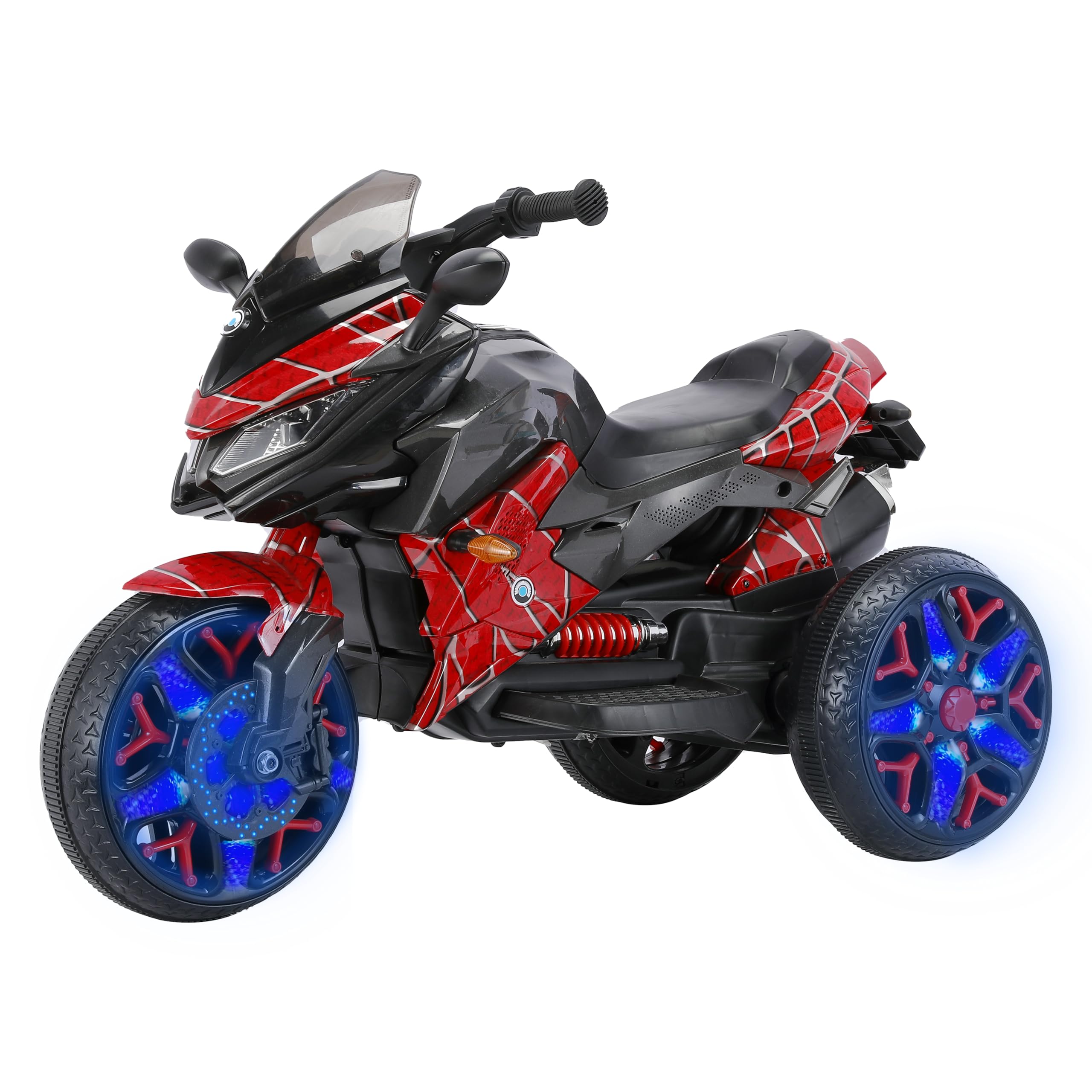 Elektrisches Motorrad für Kinder von 3-6 Jahren, 12 V, Farbe Spinnenrot, Leuchtrollen, LED, Musik, 115 x 59 x 73 cm, maximale Belastung 30 kg (Spider Red)