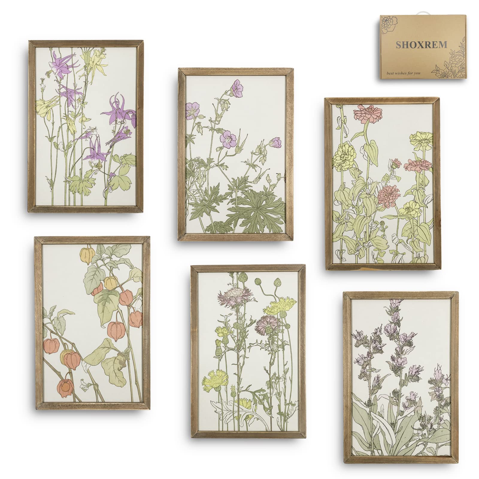 SHOXREM Framed Wall Art Prints Set,Leather Surface Artwork Decoration,Natural Wood Frame,Abstract Minimalist Illustrations for Botanical Photography Modern Art Rustic (8''×12''×6pcs, Ukiyo-e 01)