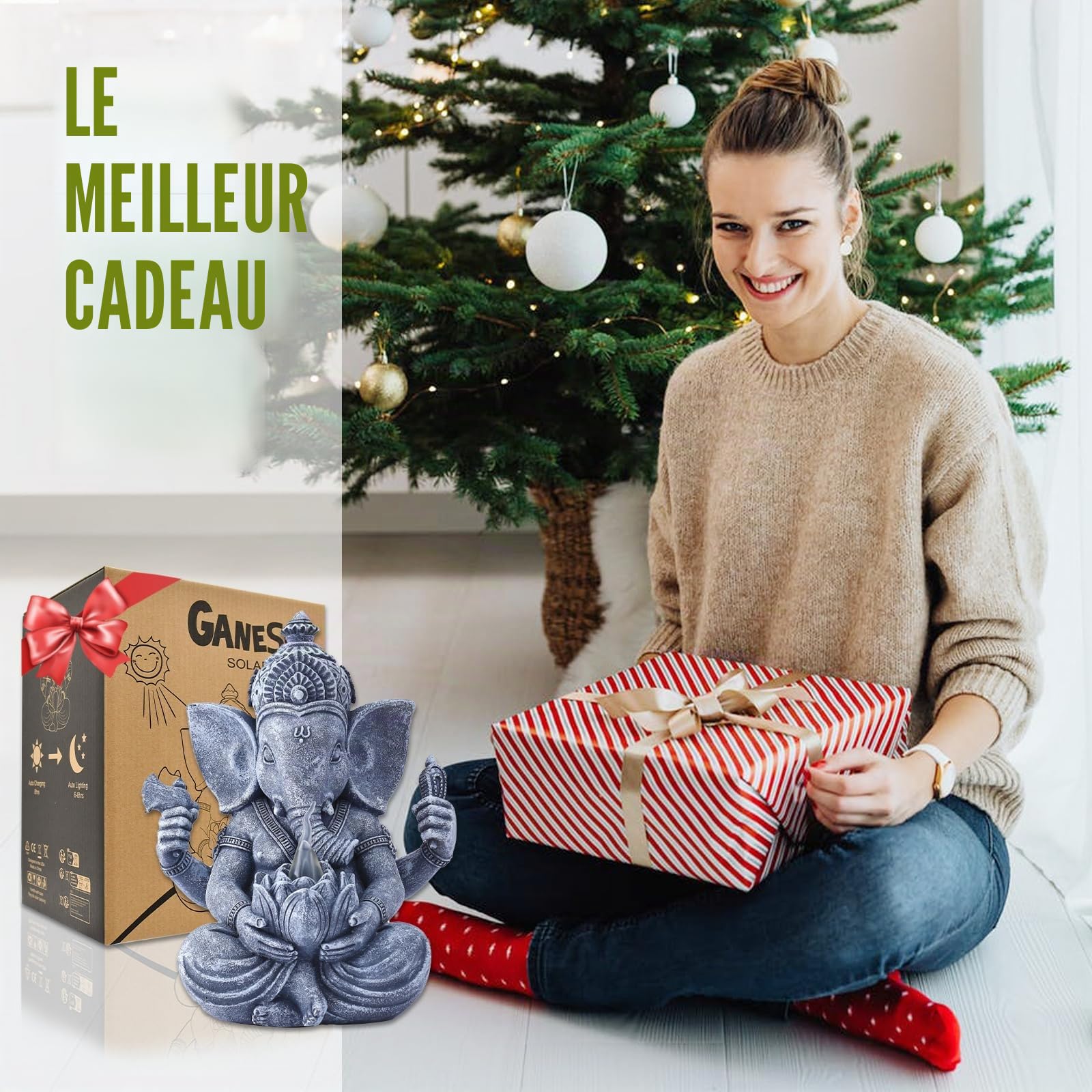 Yeomoo Statue Ganesh avec Lotus LED Solaire Décoration Zen Jardin Salon