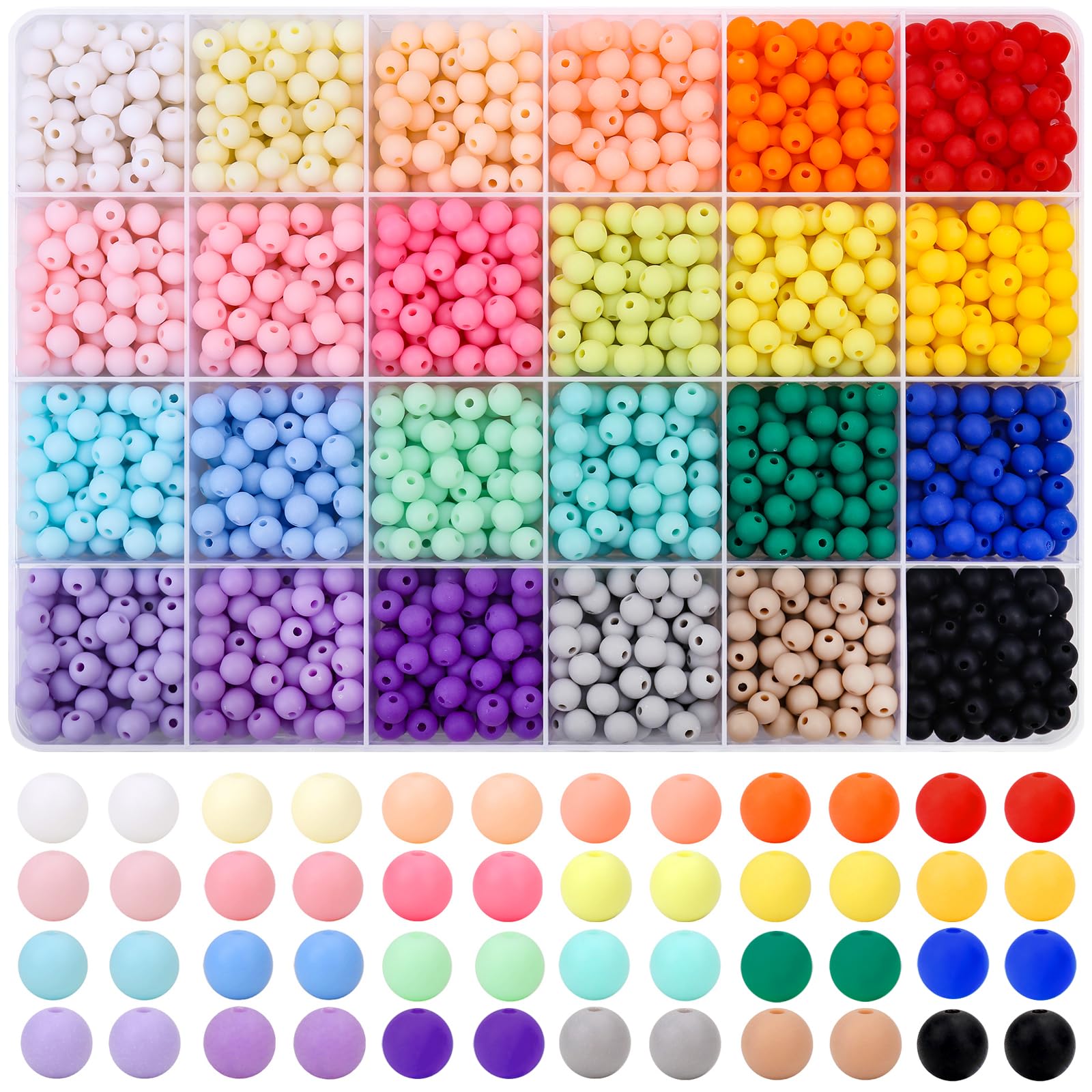 1440Pcs 6mm Candy Color Matte Acrylic Round Beads, 24 Colors Assorted Plastic Bubble Gum Beads with Hole Loose Beads Bulk for Bracelets Necklace Jewelry Making DIY Crafts