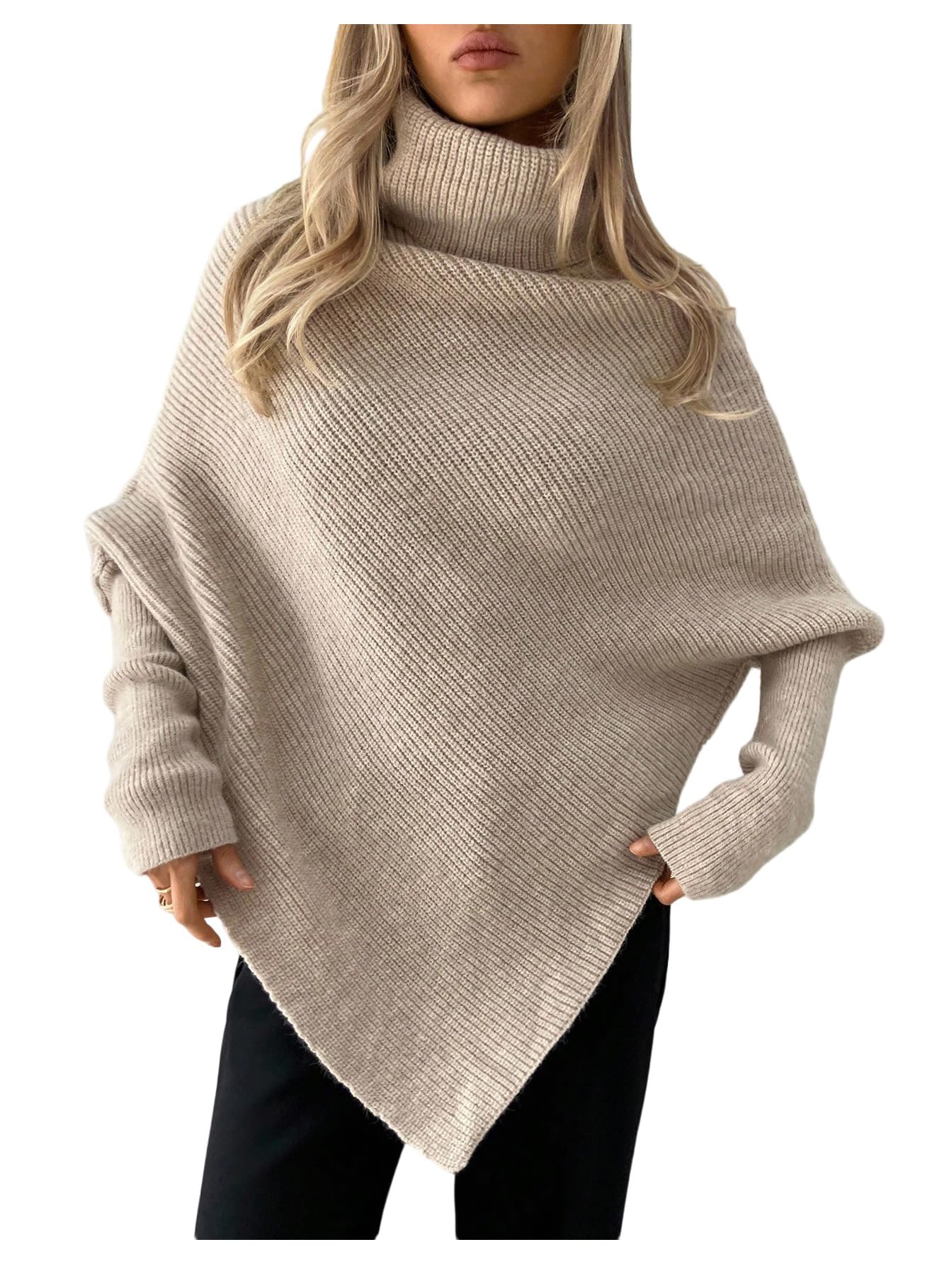 Milumia Womens Turtleneck Asymmetrical Poncho Sweater Dolman Long Sleeve Oversized Knit Tops