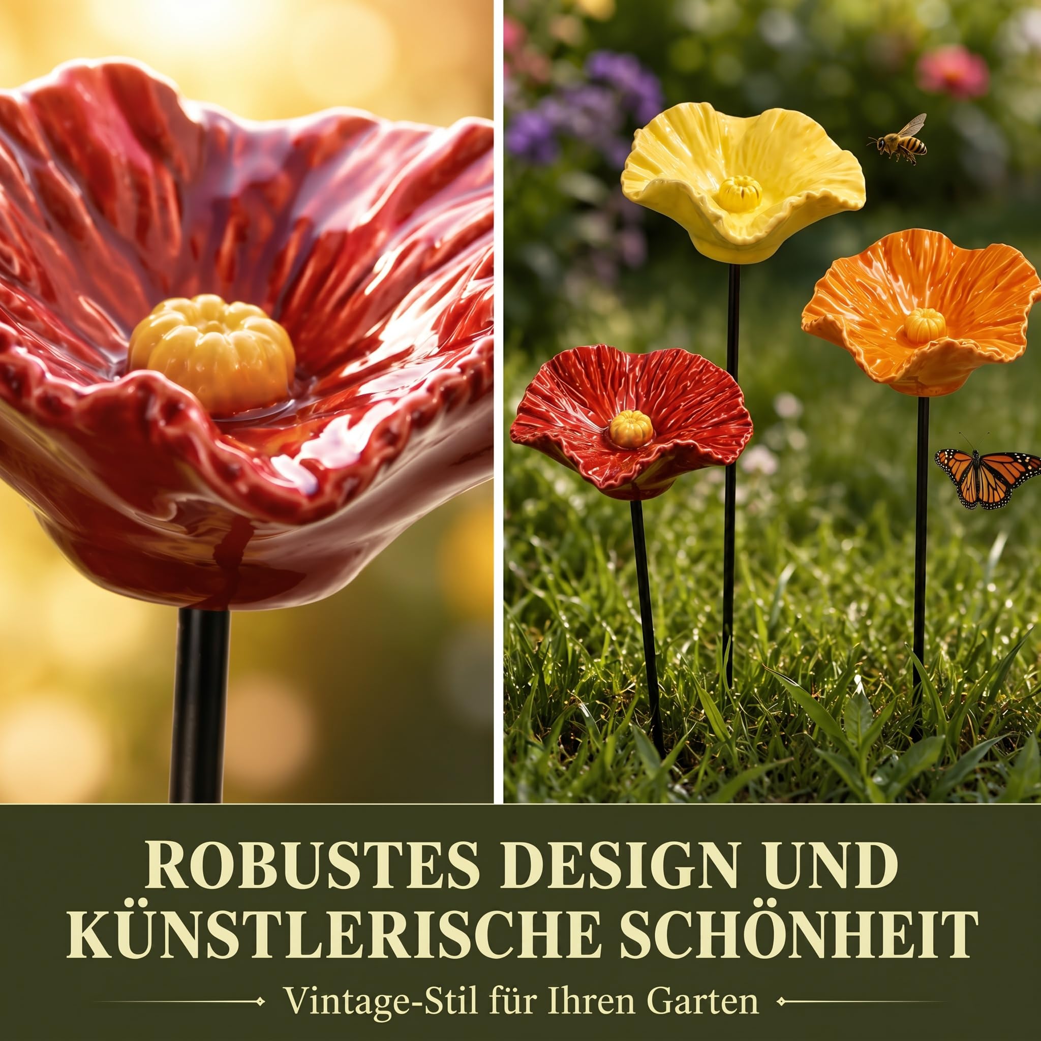 Vogeltränke Blume Bienentränke Keramik Handgemacht 4er Set Wetterfeste Blütenschalen auf Metallstäben für Garten Balkon und Beet Wasserstelle für Bienen Insekten und Vögel (4 Blüten)