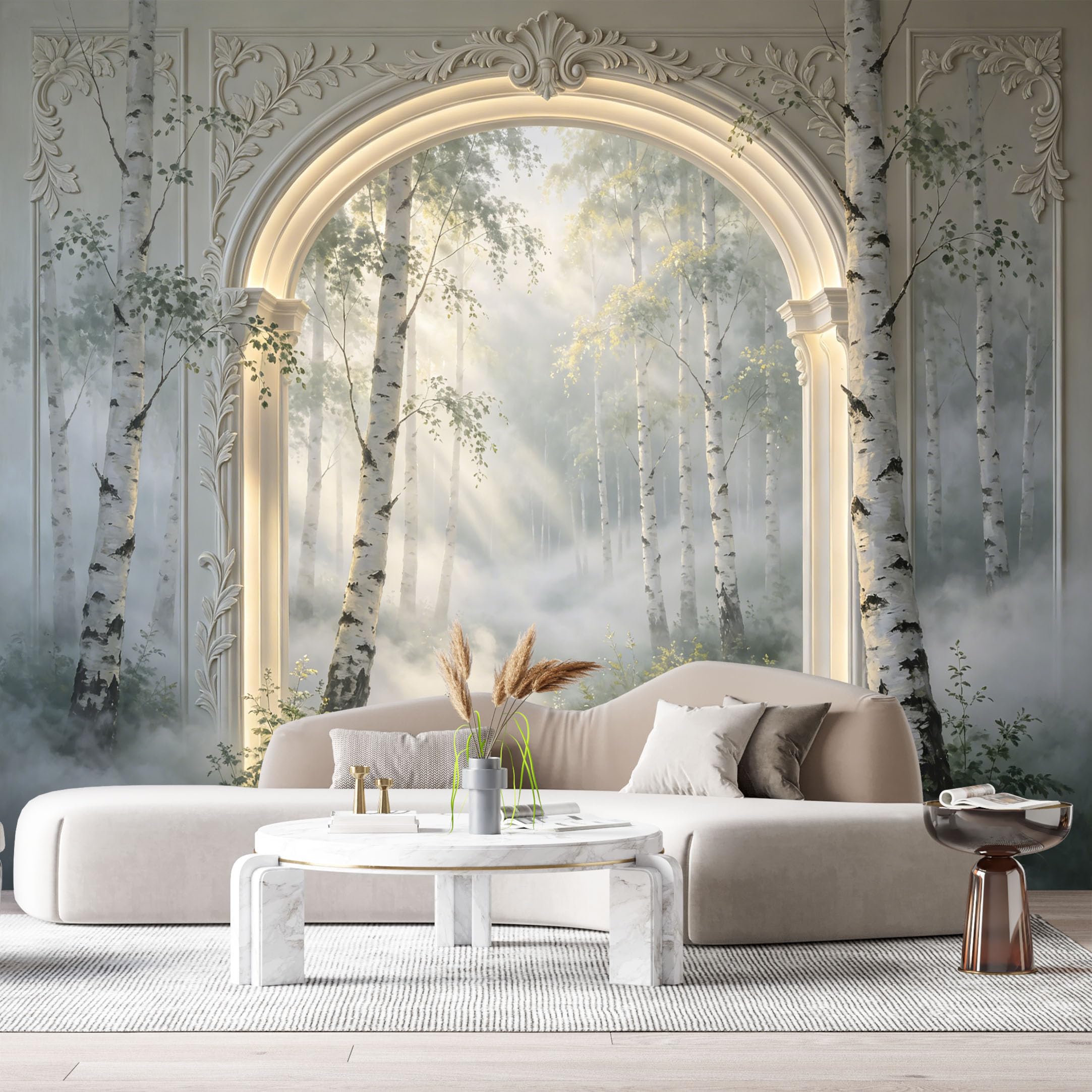 Custom Size Wall Murals Neoclassical Archway Birch Tree Forest Landscape 3D Trompe L'Oeil SelfAdhesiveWall Fabric Removable Wallpaper Wall Decor for Living Room Bedroom Bathroom