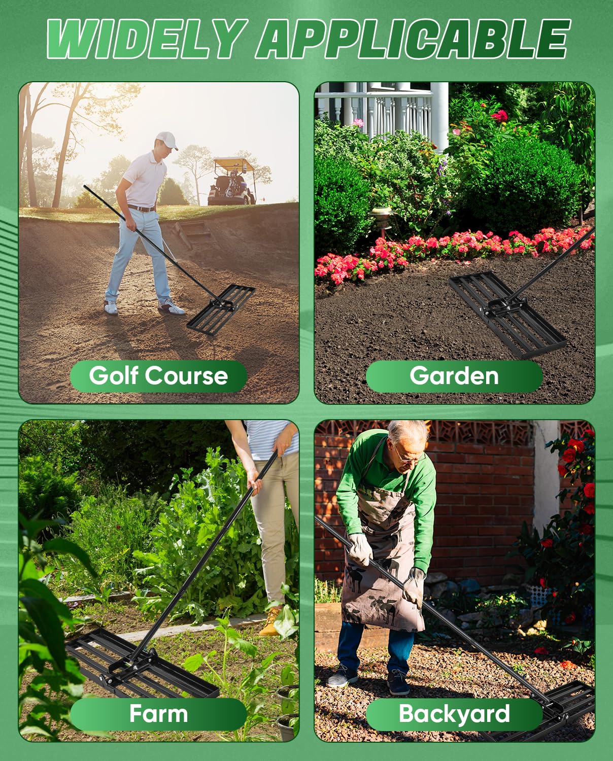 Rastrillo de jardín para jardinería, rastrillo de jardín Resistente para césped, rastrillo de Arco de 14 púas con Mango de Fibra de Vidrio, 58 Pulgadas