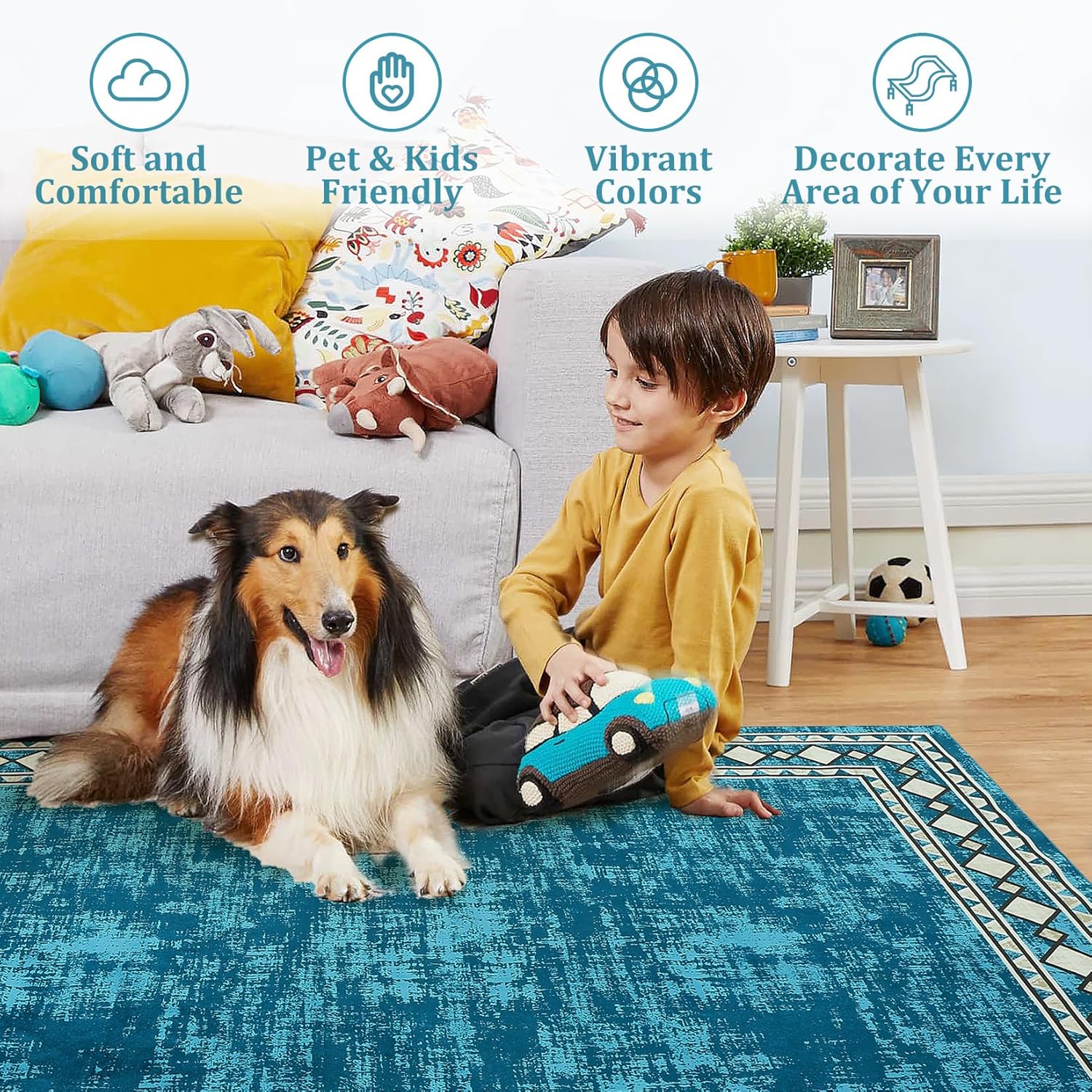 GAOMON 8x10 Area Rug Modern Bordered Machine Washable Area Rug for Living Room Bedroom Geometric Border Non-Slip Stain Resistant Accent Rug Carpet for Home Decor Floor Decoration, Teal