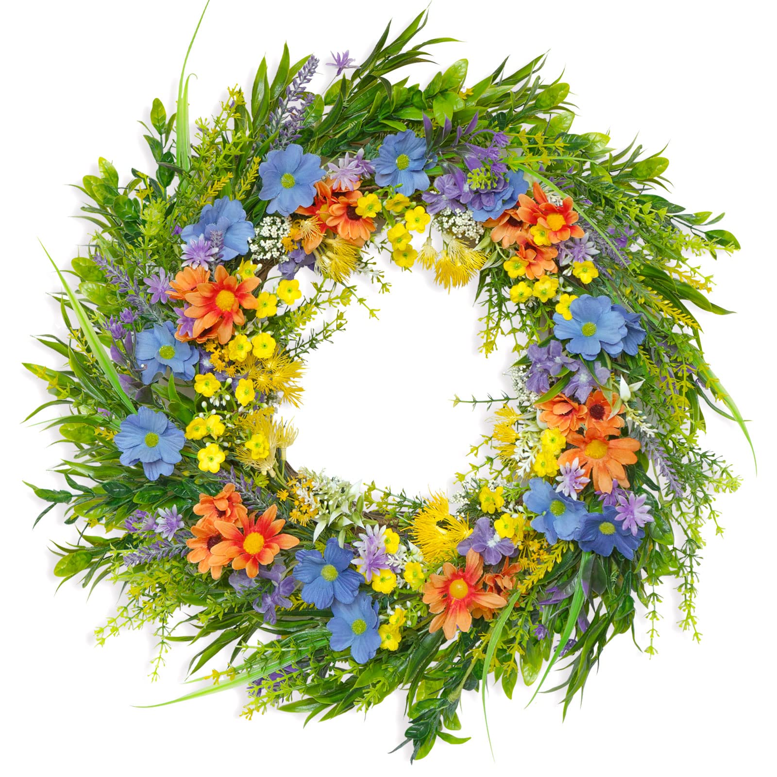 Summer Wreaths for Front Door, Soomeir Spring Wreath with Daisy and Lavender, 24 Inch Green Front Door Wreaths for All Seasons Farmhouse Decor Window Outdoor Indoors Outside