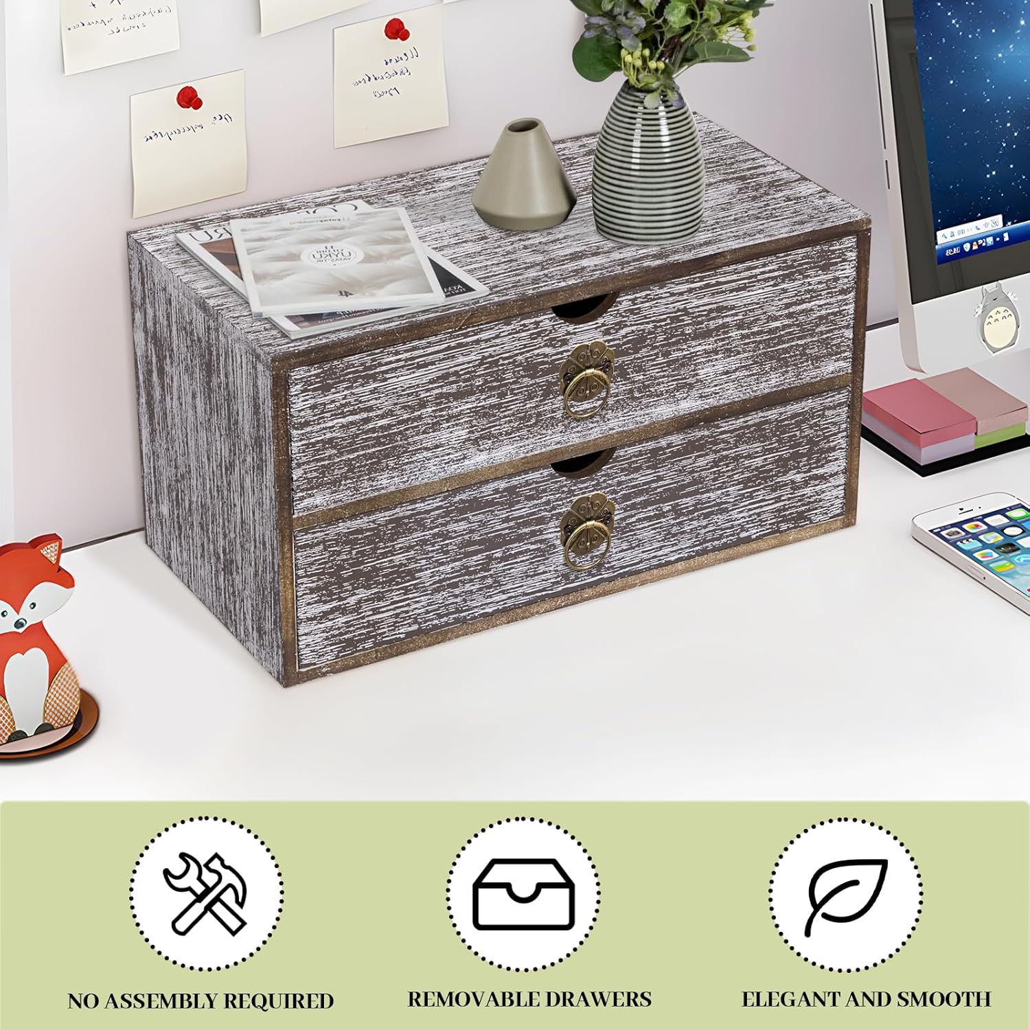 Wood Desk Organizer, Washed Brown Wooden Desktop Organizer with Drawer, Tabletop Storage Organization Box for Countertop, Home Office Supplies, Bills, 13.3 x 6.5 x 7 Inches(2 Drawer)