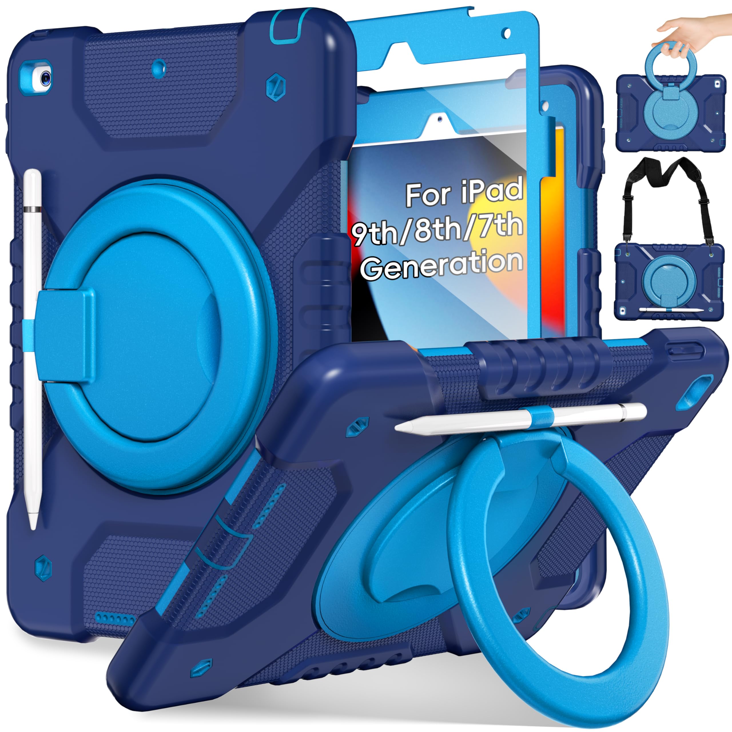 Andnary Case for iPad 9th/8th/7th Generation 10.2 inch, Shockproof Cover with Screen Protector/360° Rotating Handle/Bracket/Pen Holder/Shoulder Strap,