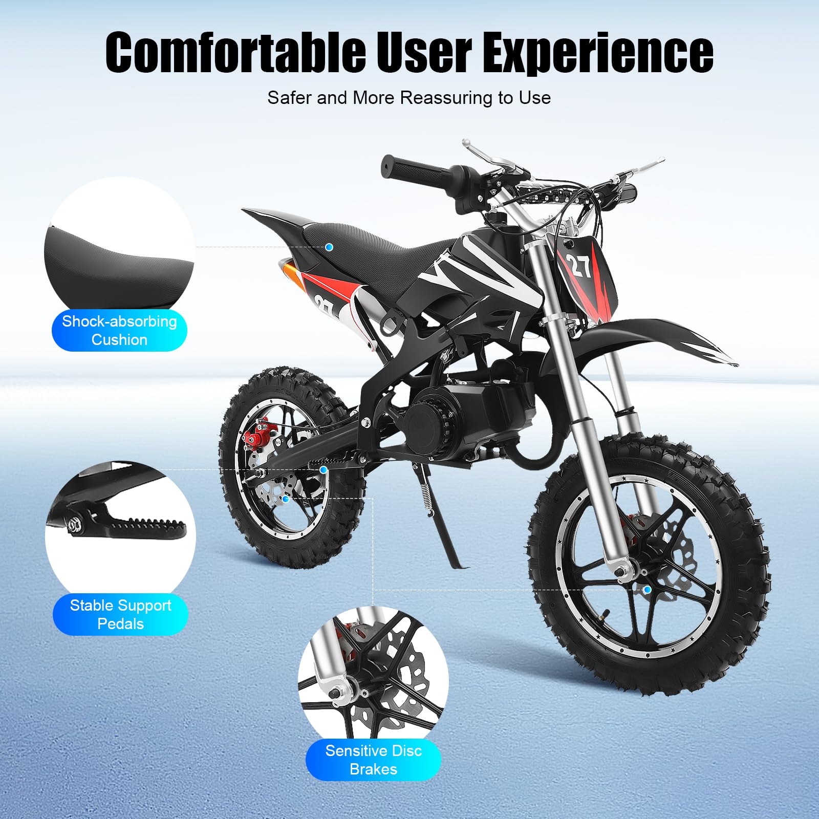 49cc Dirt Bike,Kinder Jugend Crossbike Pocket Cross,10 Zoll 2-Takt Motorrad Motorbike,Hand-Zug-Start-Methode,Scheibenbremsen,Bis 60 km/h, Max 100kg, Motorsport Pocket Crossbike (Schwarze)
