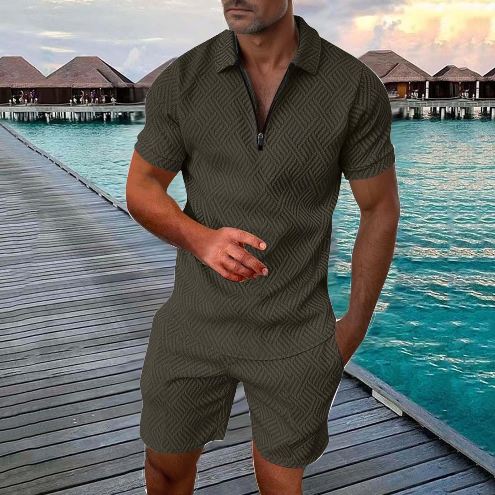 Trainingsanzug Herren 2 Teiler Sommer Outfit Leicht Jogginganzug mit Polo Hemd und Shorts Set Einfarbig Freizeitanzug Atmungsaktiv Bequem Hausanzug Dünn Sportanzug Fitnessanzug Activewear Streetwear