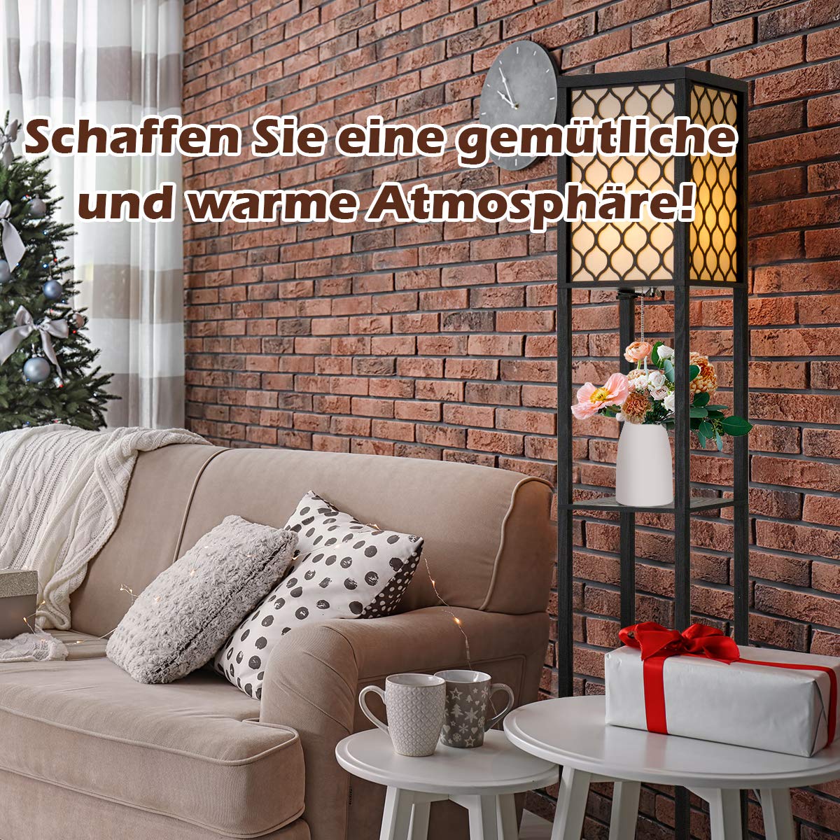 COSTWAY Stehlampe Wohnzimmer 160cm, E27, Max. 40W, 3 Ebenen Stehleuchte mit Zugkette, Standleuchte Holz, Holzregal Innenbeleuchtung für Wohnzimmer & Schlafzimmer, Schwarzes