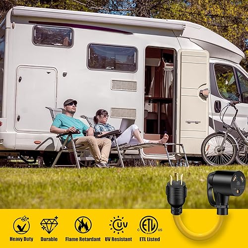 Miniatura 7 de LAZMUMI Adaptador de generador RV de 30 amperios y 3 clavijas, bloqueo giratorio, NEMA L5-30P macho a TT-30R hembra, resistente STW 10 AWG para