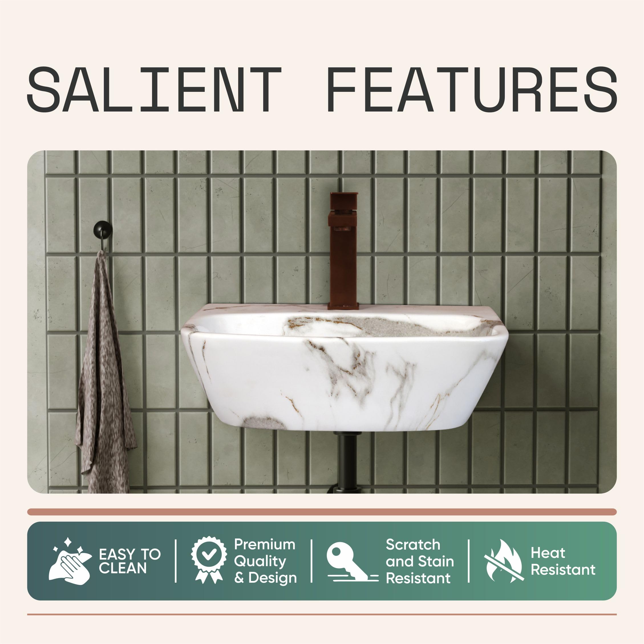 HISRE Wall Mount Wash Basin 17 x 12 x 5 Inch | White Grey Marble Finish Ceramic Sink | Modern Rectangular Bathroom Basin for Home, Office, and Hotels, photo 3 of 5