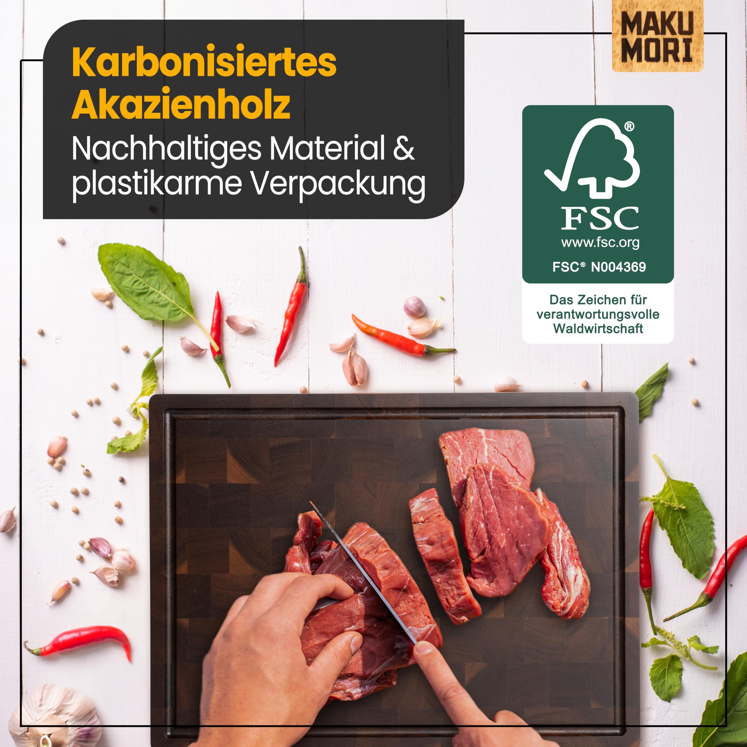 Premium Stirnholz Schneidebrett Massivholz 40x29x3cm Akazie Dunkel | Küchenbrett aus Akazienholz karbonisiert; FSC®; End Grain; tiefe Saftrinne; extra große Griffmulden; rutschfeste Gummifüße