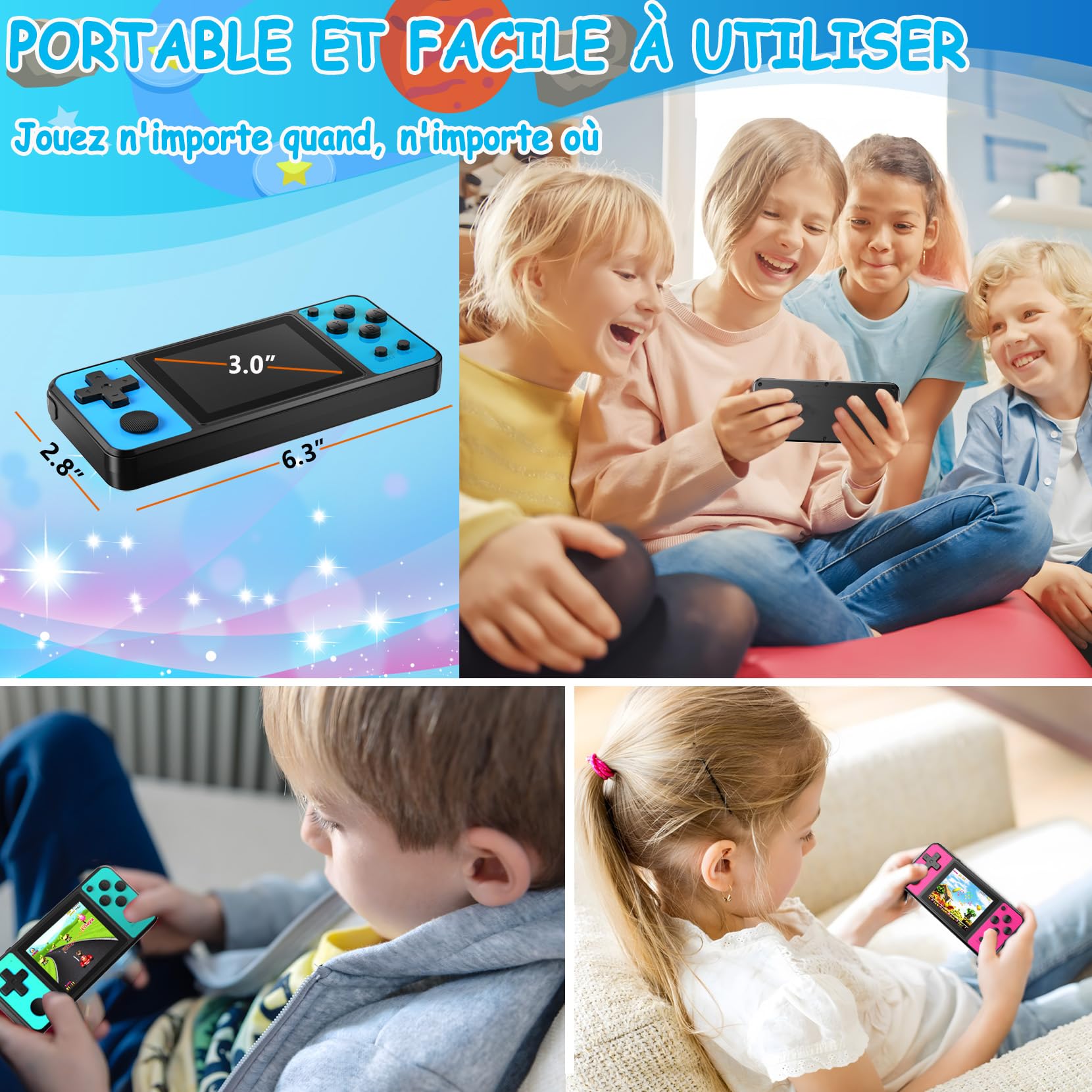 Console de Jeux Portables 32 Bit avec 139 Jeux Vidéo Rétro, Écran IPS 3.0" Batterie Rechargeable, Jouets de Voyage pour Enfants 4-13 Ans (Bleu)