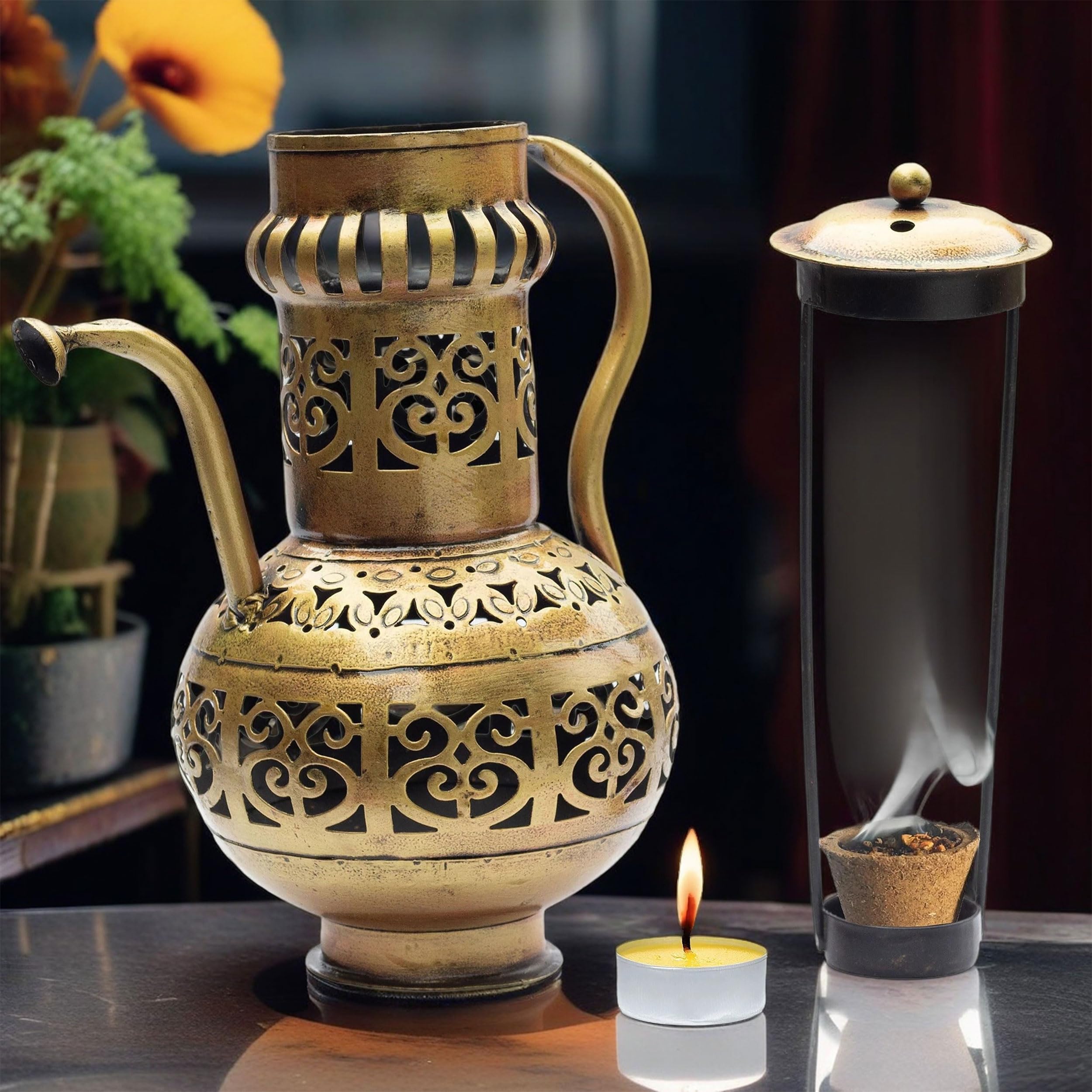 Traditional Tealight Holder & Sambrani Burner - Multi-Functional Metal Decor Piece for Home, Spiritual, Yoga, Meditation, Aromatherapy, Camphor, Dukhni Burning - 10x6.5 Inch (Surahi) — photo — 9 of 9