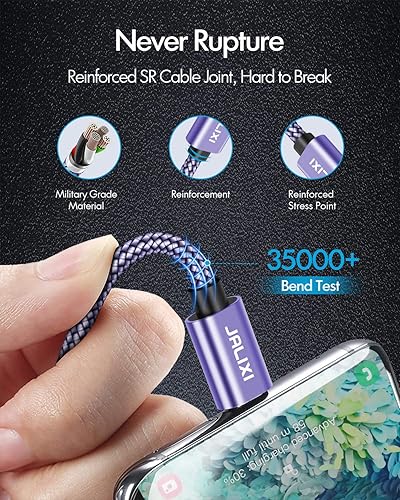 Miniatura 5 de JALIXI Paquete de 3 cables USB C morados de 3 pies + 6 pies + 10 pies, cable USB A a USB C, cable de carga USB tipo C para iPhone 1515 Pro Max,