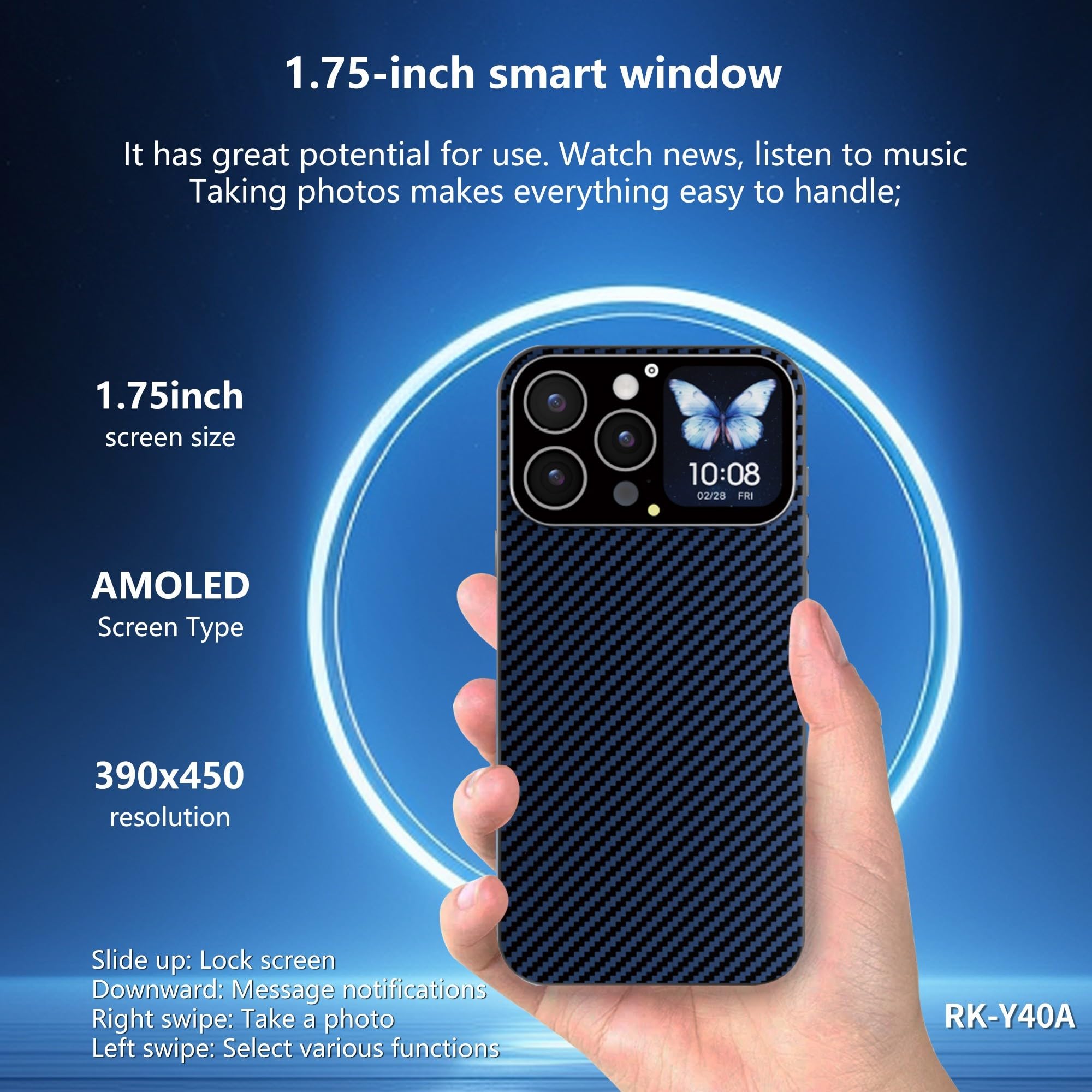 Custodia per smartphone con display HD da 1,8 pollici per iPhone 16/15/14/13 Pro, ricarica wireless magnetica, anteprima fotocamera BT, video personalizzato per quadrante, pulsante, controllo